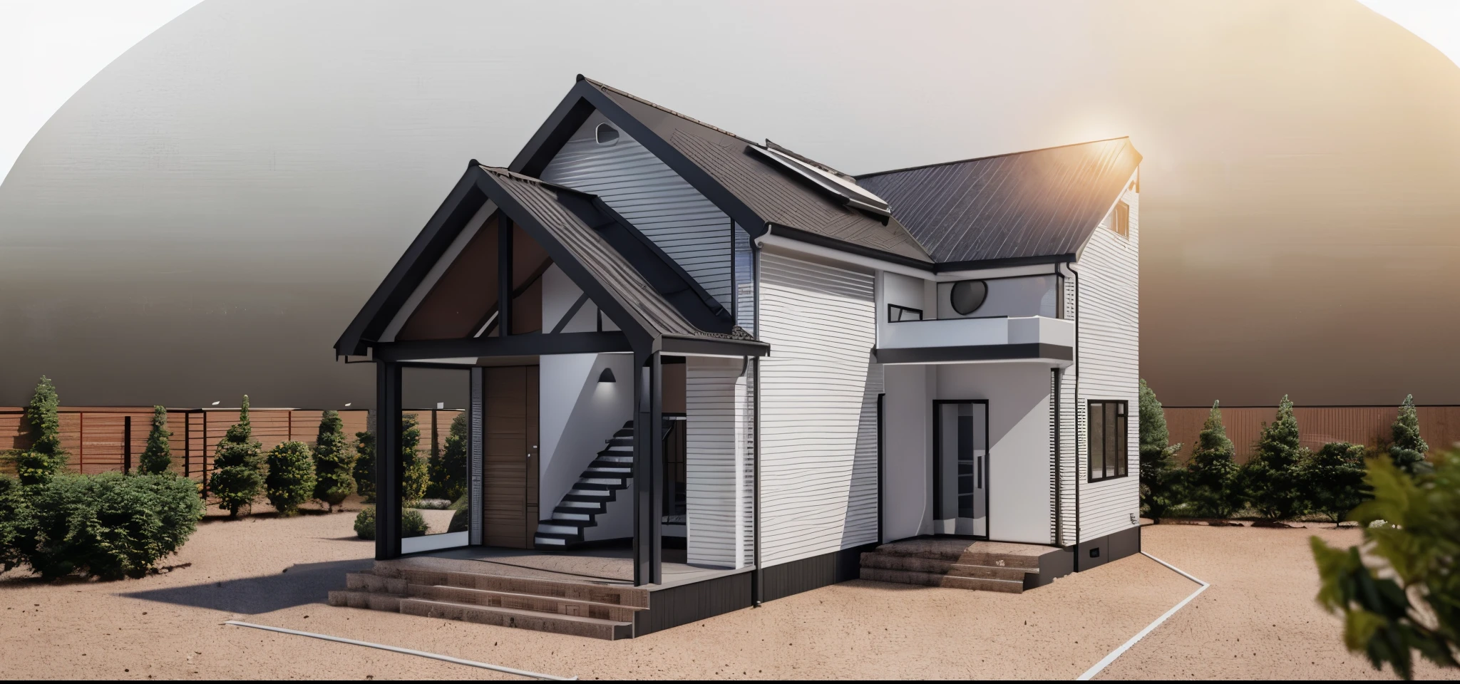 a rendering of a house with a staircase and a red roof, passive house, vue 3d render, complete house, front-view, sketch - up, 3/4 view, 3 / 4 view, render 3 d, concept house, comprehensive 2 d render, simple gable roofs, detail render, 3d rendering, 3 d rendering, 3d max render