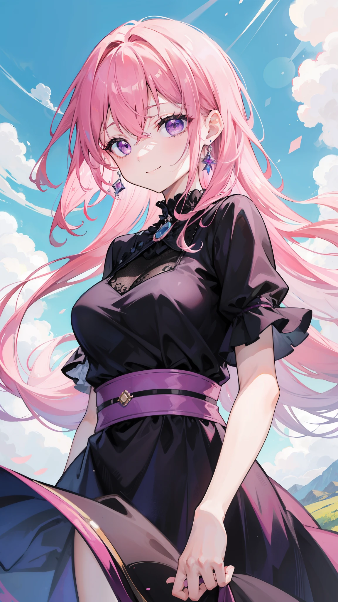 32k, 1girl, solo, long hair, breasts, looking at viewer, smile, bangs, dress, hair between eyes, jewelry, medium breasts, closed mouth, purple eyes, upper body, pink hair, short sleeves, earrings, outdoors, sky, day, cloud, black dress, blue sky,