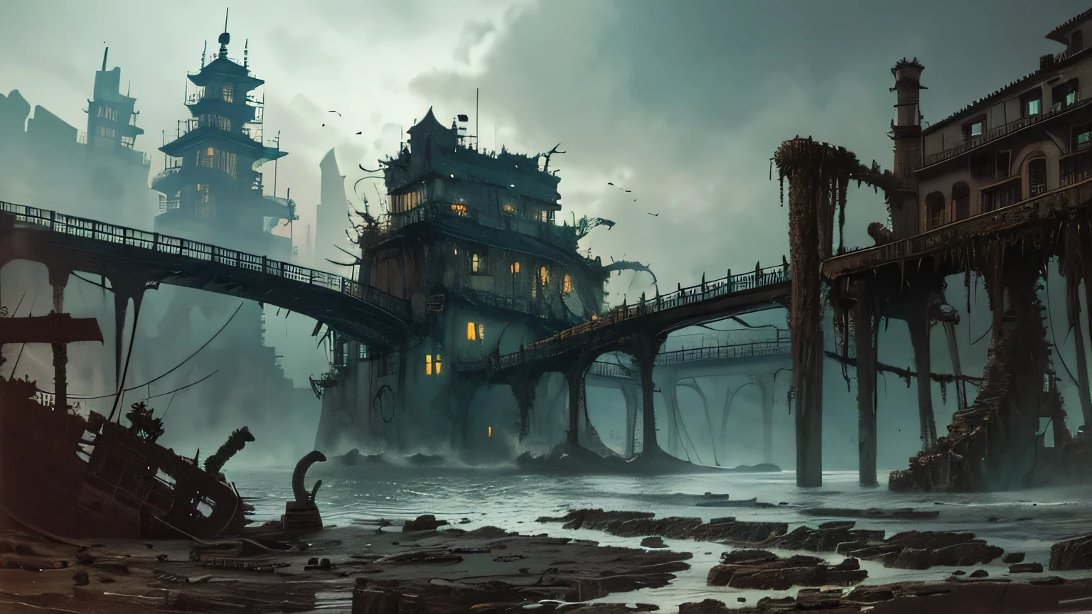 Hopeless biopunk art with tentacles, ((dark tentacle biopunk horror art)), ruined medieval port trading factory town, ruined medieval Chinese city, (port with access to the ocean), Black smoke, Dark lighting, black liquids, very detailed art, very detailed background, Background Zdzislawa Beksinski