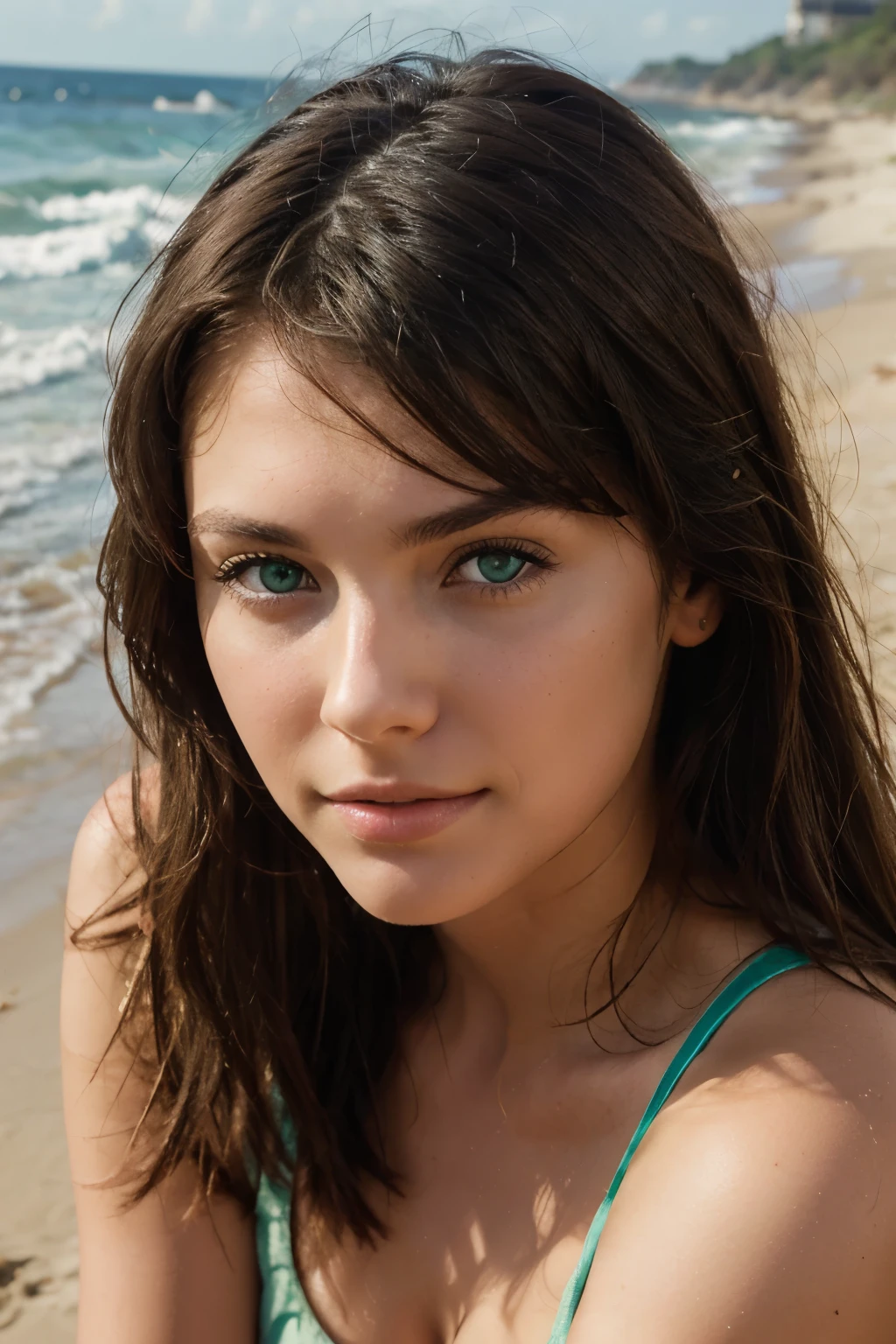 Athletic girl lying on her stomach on the sand on the beach beautiful girl, beautiful detailed eyes, beautiful detailed lips, extremely detailed eyes and face, long eyelashes, 22 years old, 172 centimeters, rusty hair, green eyes, earrings, bracelet on left hand