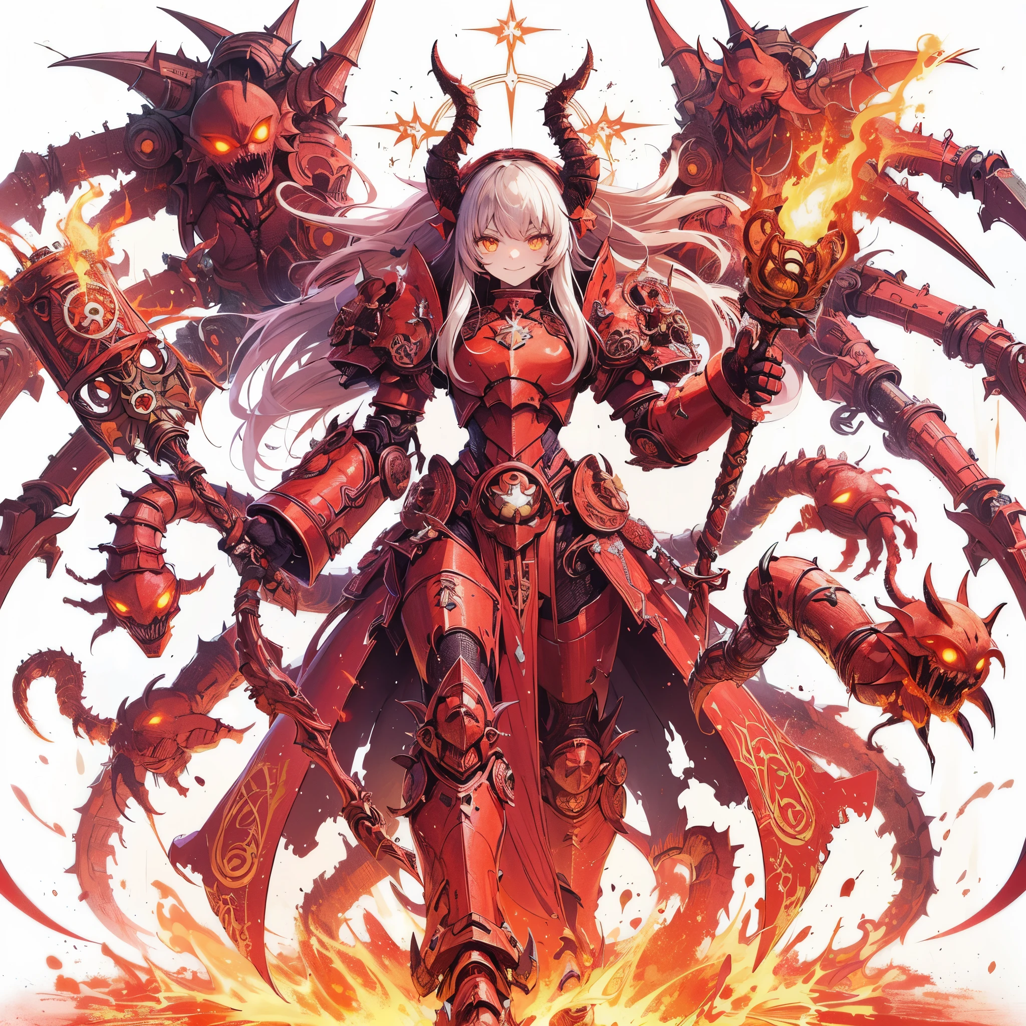 Masterpiece, best quality, ultra-detailed, anime style, full body of Chaos Demon girl, Dull vermilion power armor, tin cane and grimoire, Eyes blazing with hellfire, Asura-like multi-armed, clawed and tailed, supernatural Lightning and flame, ((Eight-pointed star symbol)), war hammer 40K, 8k high resolution, trending art station, white background, whole body,standing on magma, winning smile
