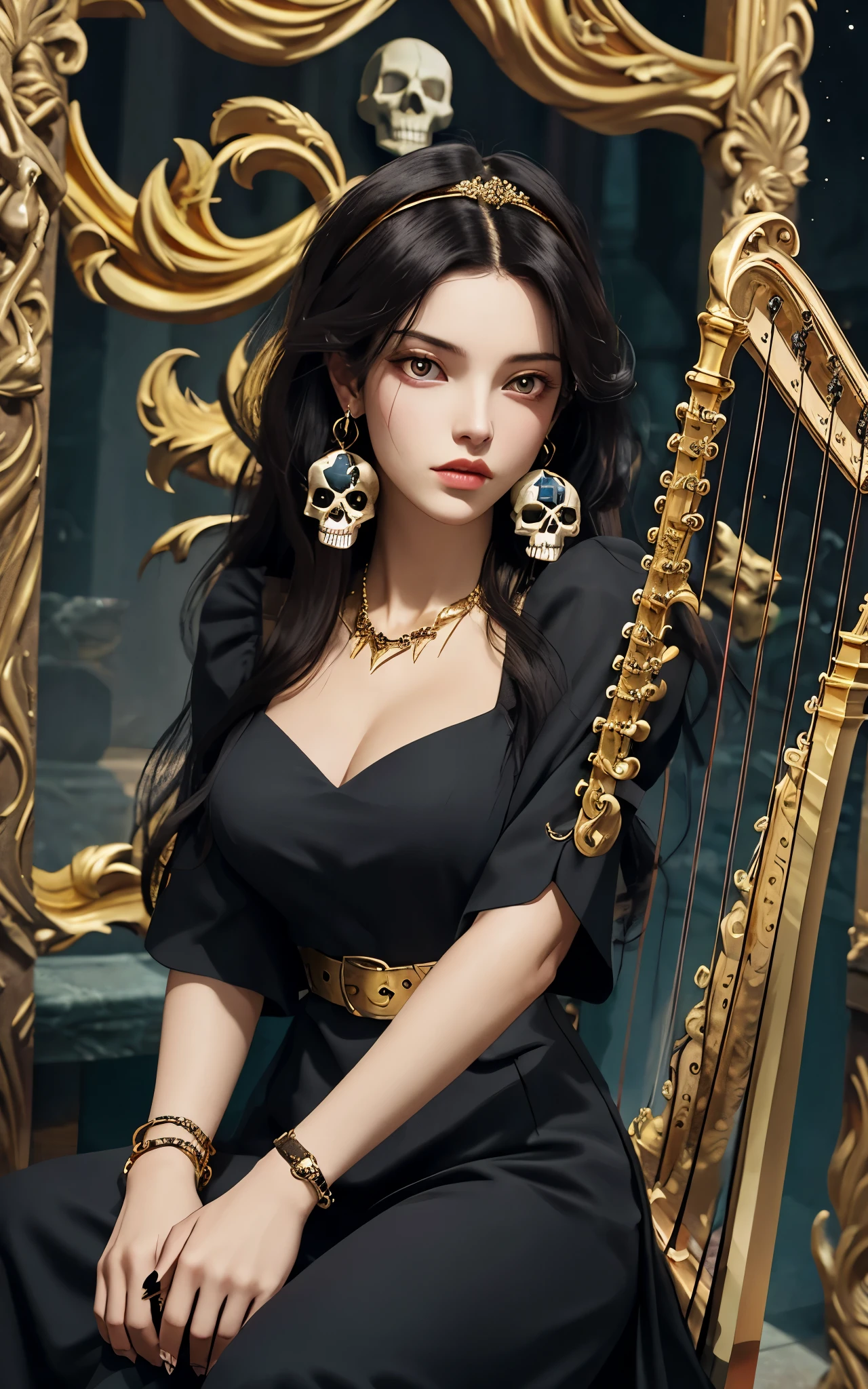 1 girl, solo, details, masterpiece, best quality, photorealistic realism, beautiful girl, long hair, black hair, skull headband, gold earrings, red eyes, beautiful face, skull necklace, perfect body, large breast, open chest, black long dress, skull bracelet, gold earrings, gold belt, musical instrument, harp, sit on ancient chair, dark sky, dark temple,
