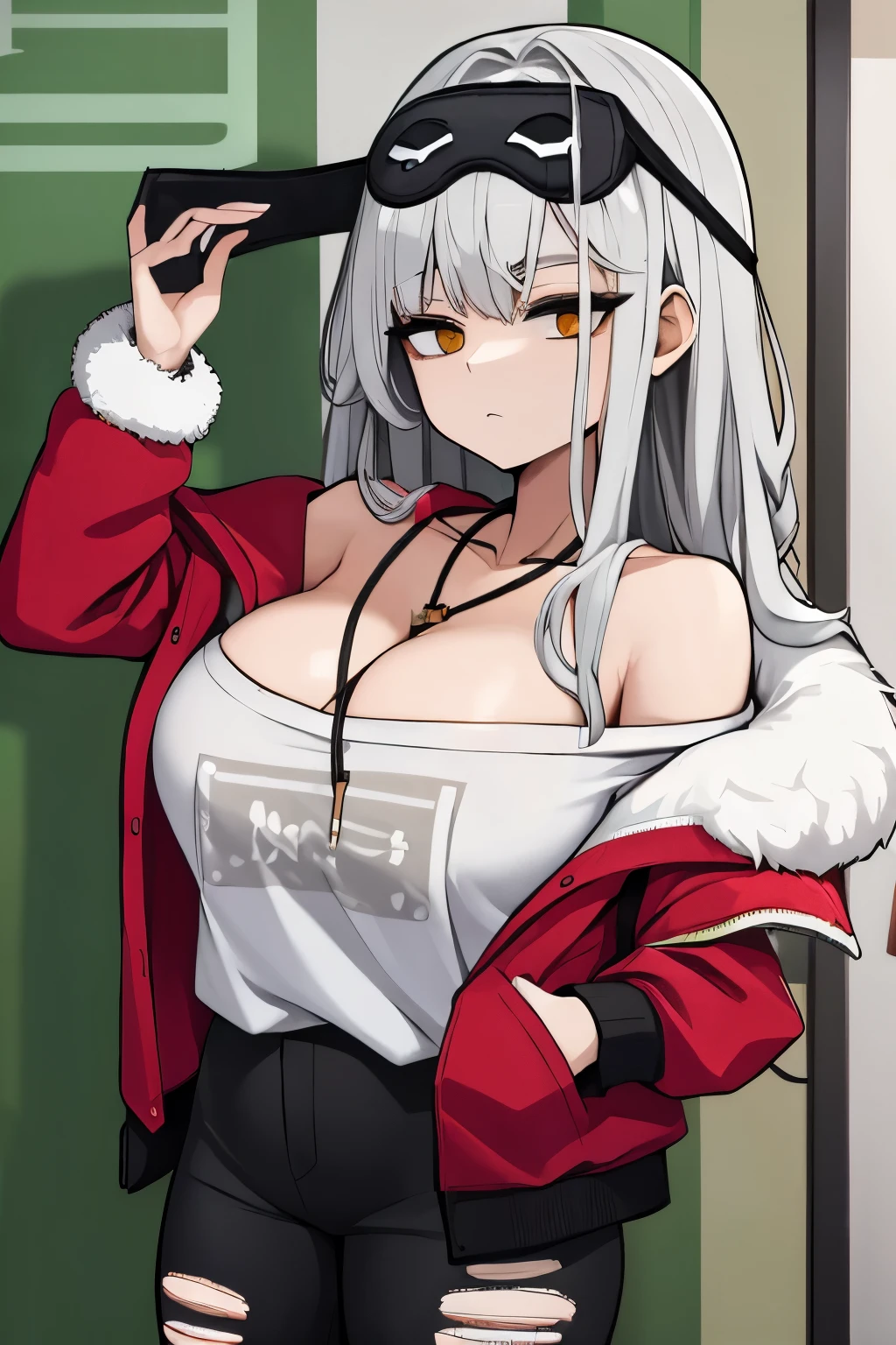 masterpiece, best quality, 1girl, solo frimadef, white shirt, red jacket, fur trim, open clothes, off shoulder, black pants, torn pants, necklace, sleep mask, standing, gigantic breasts, cleavage, loose shirt