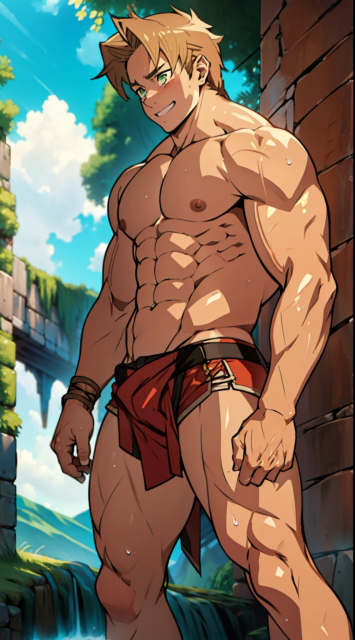red skin, bright red skin, the boy blushed shyly , rosy skin, shiny skin(muscular thigh muscles )( anime style, art) (photo angle from bottom up) (photo angle from the ground upwards) [Anime photo][highest quality photo][4k,HD photo quality ] wear tight and short loincloths ,the loincloth bulges due to the erect male genitals (muscular thigh muscles, firm thigh muscles, muscular thigh muscles, sinewy thigh muscles, giant thigh muscles, strong leg muscles, muscular hamstring leg muscles)(thigh muscles bulging as if about to explode, muscular, calloused, sinewy, giant) , Rudeus Greyrat,fun, happy,bodybuilder,bodybuilding, standing, lots of sweat flowing down, topless, shirtless, hot sunny, 8 pack abs , short hair , green eyes, One hand behind the head, side view.
