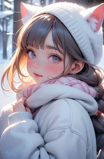 (best quality,4k,8k,highres,masterpiece:1.2),ultra-detailed,(realistic,photorealistic,photo-realistic:1.37),A cute cat girl with soft and fluffy white fur, with adorable detailed eyes and delicate pink nose and lips, standing in a snowy landscape. The girl has a sweet and innocent expression, with a hint of curiosity in her eyes. She is wearing a cozy winter outfit, with a knitted hat and scarf that match her fur color, adding extra cuteness to her appearance. The snowflakes are falling gently around her, creating a magical and dreamy atmosphere.

The snow-covered ground is pristine and pure, creating a soft and serene backdrop for the cat girl. The trees and foliage are partially covered in snow, with delicate branches peeking through the white blanket. The sunlight filters through the trees, casting a warm and gentle glow on the scene, enhancing the overall enchanting ambiance.

The color palette is dominated by shades of white and soft pastels, creating a calm and soothing atmosphere. The cat girl's fur is a mixture of whites and creams, with slight hints of pink blush on her cheeks. The landscape is bathed in cool tones of blue and gray, with subtle touches of pale pinks and purples in the sky and clouds.

The lighting is soft and diffused, with a gentle backlight illuminating the cat girl's silhouette, creating a soft halo effect around her. The shadows cast by the trees add depth and dimension to the scene, enhancing its overall realism.

This prompt will deliver a stunning and heartwarming masterpiece, showcasing the beauty of nature and the innocence of the cat girl in the snowy landscape.