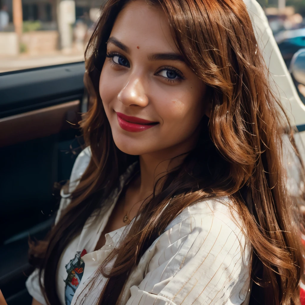 Indian fair skin woman 23 year old with nice face and (Actractive eyes), The sunlight waves of her golden hair frame her captivating ocean-blue eyes, while bold, the UHD resolution captures the vibrant details of this 4K retro masterpiece, (long hairstyle), (red lipstick), (smiling face), (red hair), Her light black hair is styled in loose waves, framing her face perfectly. (1 girl), HDR, realistic, photorealistic, detailed, protrait, smiling, makeup, jewelry, Indian dress up, (wearing short and pant),8k, (shirt), library, book, road, (shy), university 