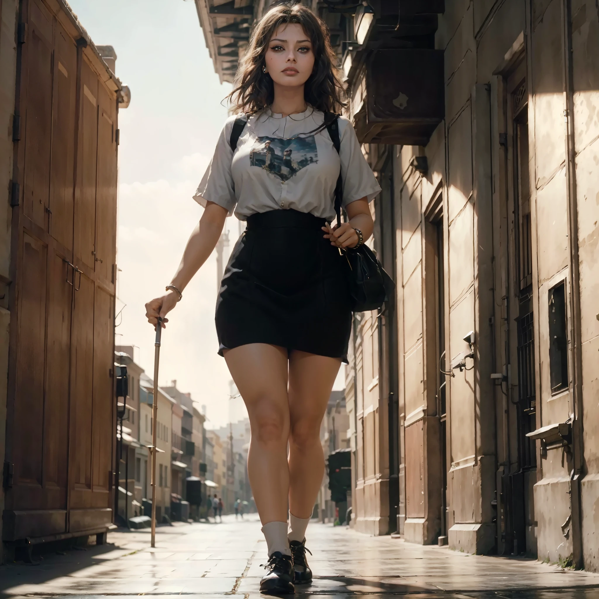 there is a woman walking down a street with a cane, clothed in ancient street wear, gothic city streets behind her, ancient city streets behind her, at a city street, alexey egorov, walking on the street, in city street, on a street, a hyperrealistic schoolgirl, movie still 8 k, still from a live action movie