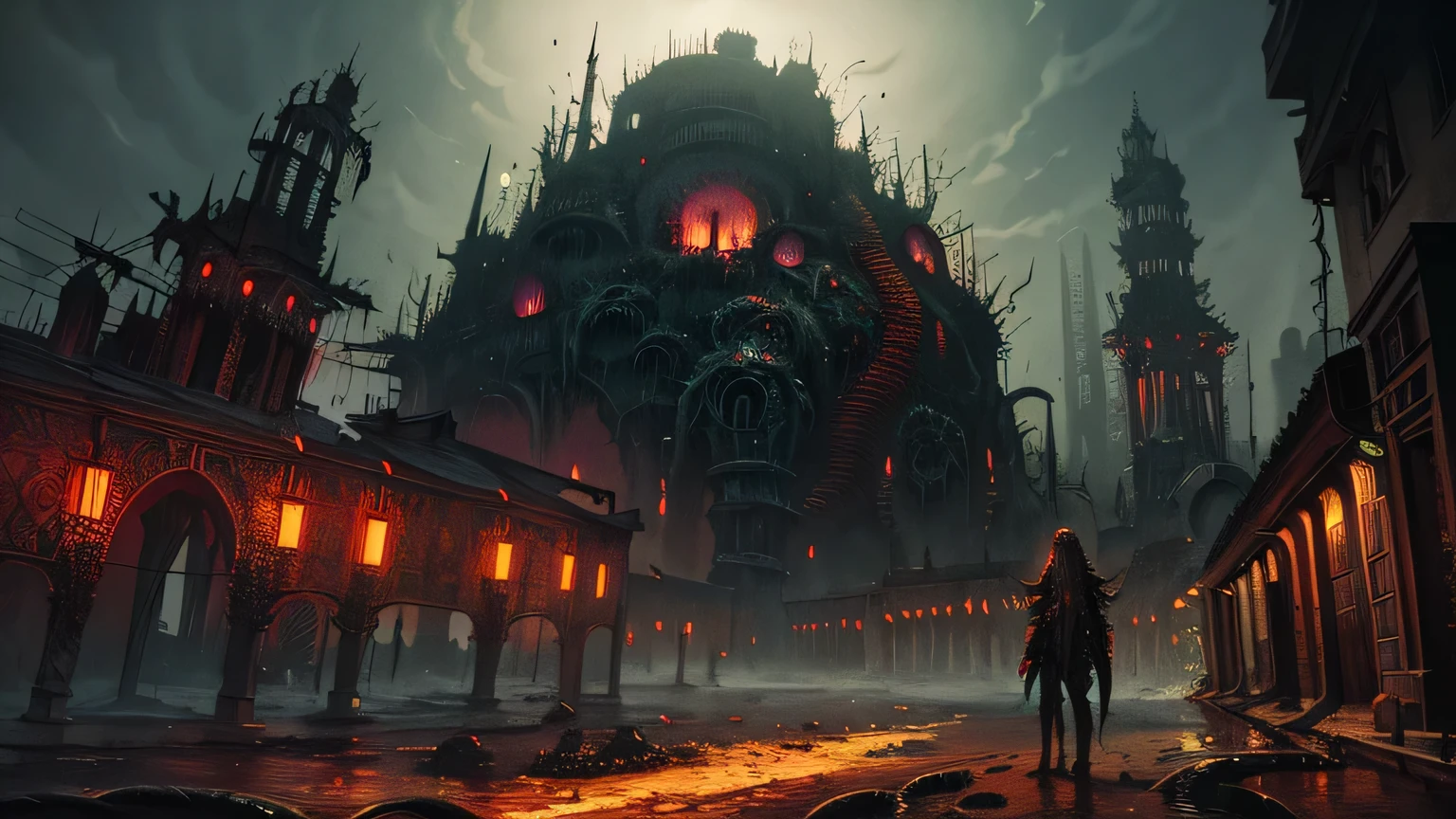 Hopeless biopunk art with tentacles, ((dark tentacle biopunk horror art)), (ruined medieval eastern city), ruined medieval subtropical city, Dark lighting, black liquids, very detailed art, very detailed background, Background Zdzislawa Beksinski