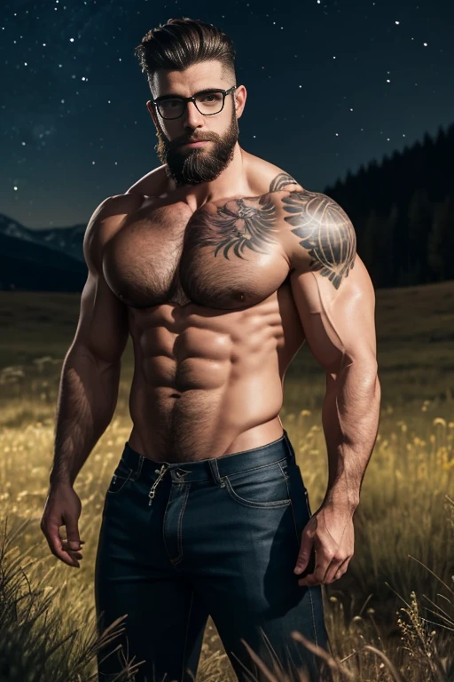 A handsome muscular man with no shirt on stands in a meadow at night. He has tattoos, a well-groomed beard and short hair. He is wearing glasses.