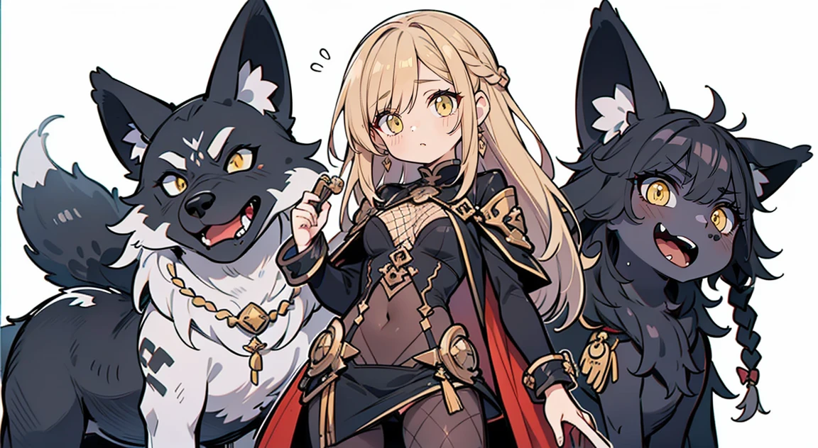 1 garota em, corpo todo, Design de personagem, ((Braided and crumpled wolf hair)), ((eyes are yellow)),  Olhos negros ocos sem destaques, ((Cara reta fria)), Lavagemcerebral, seios grandes e cheios, alta qualidade, Sacanagem, Magic Reform, Indecent tattoos on the lower abdomen, Vestido de fenda de borracha preta, Fishnet pantyhose, cintas-ligas, salto alto preto, plano amplo, Detailed arrest background