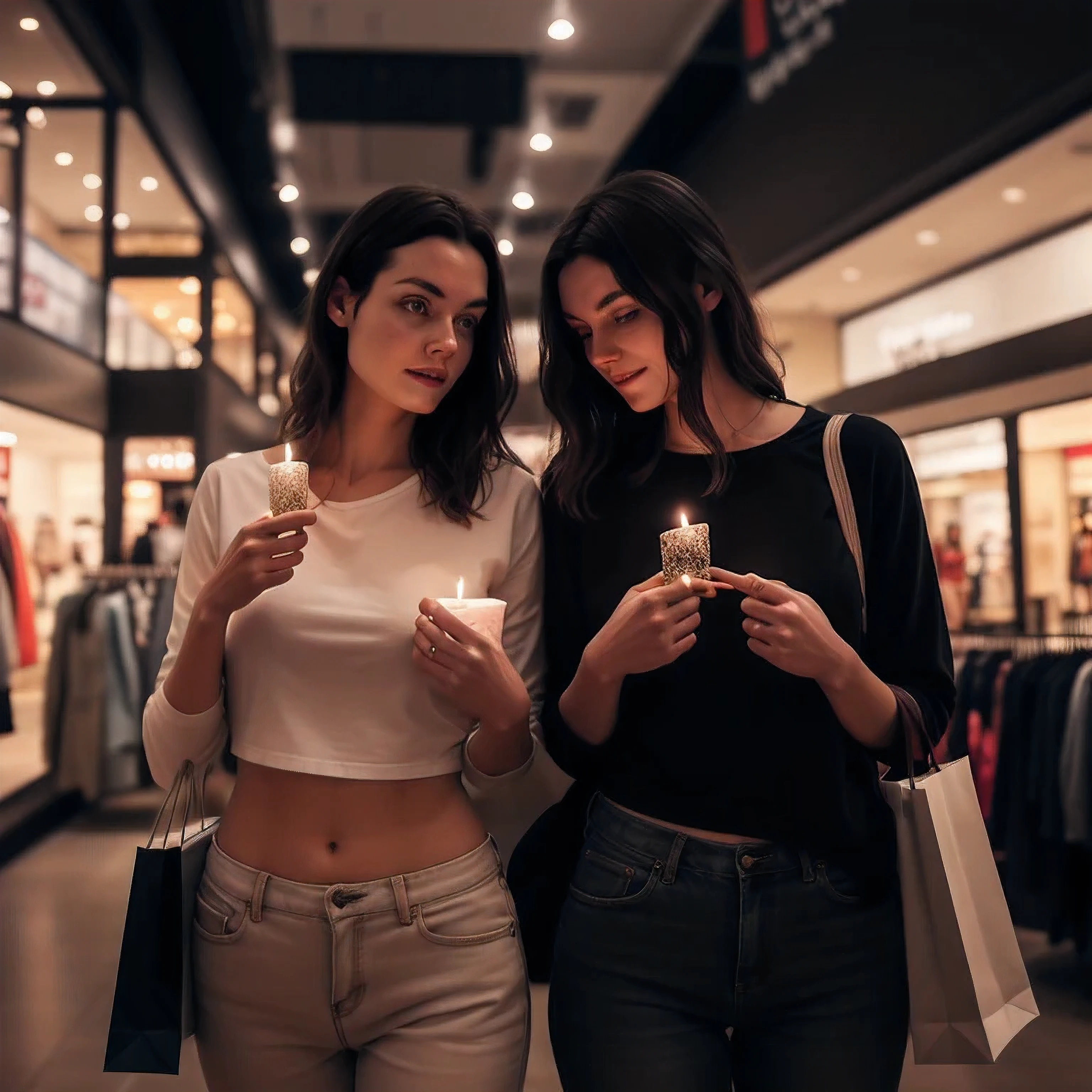 2 different girls shopping with each other in a mall that looks very dark inside while having their clothes on. realistic candle light, candles, photorealistic 1.4, nice 1.4, at night, rembrand light