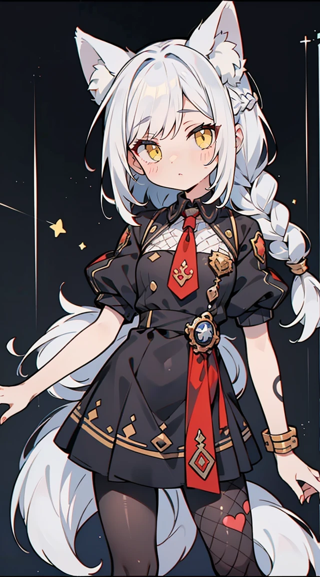 1 garota em, corpo todo, Design de personagem, ((Braided and crumpled wolf hair)), ((eyes are yellow)), Olhos negros ocos sem destaques, ((Cara reta fria)), Lavagemcerebral, seios grandes e cheios, alta qualidade, Sacanagem, Magic Reform, Indecent tattoos on the lower abdomen, Vestido de fenda de borracha preta, Fishnet pantyhose, cintas-ligas, salto alto preto, plano amplo, Detailed arrest background