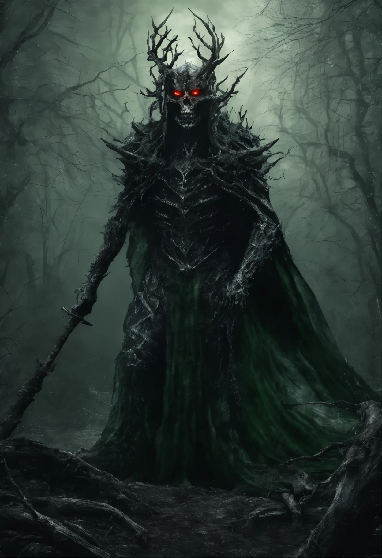 a lich-queen in crown with (red eyes) walks through a swampy forest, holding a long massive staff with a ((green) flame) burning at the top, night, moon, bats, (Best Quality, 16K, Masterpiece, UHD:1.3, Huge detail, hyper realistic, epic scale, insane level of details)