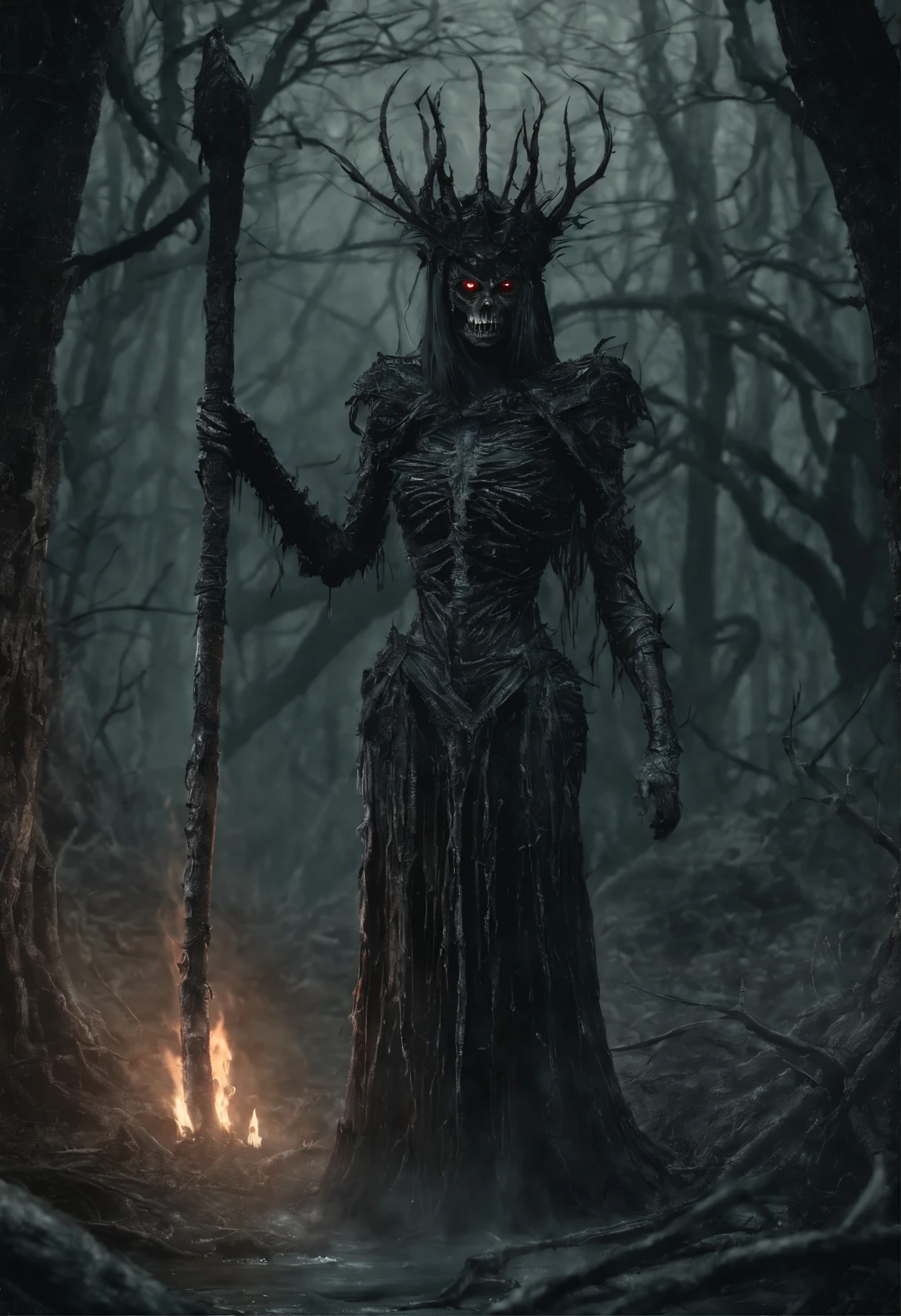 a lich-queen in crown with red glowing eyes walks through a swampy forest, holding a long massive staff with a green flame burning in the pommel, night, moon, bats, (Best Quality, 16K, Masterpiece, UHD:1.3, Huge detail, hyper realistic, epic scale, insane level of details)
