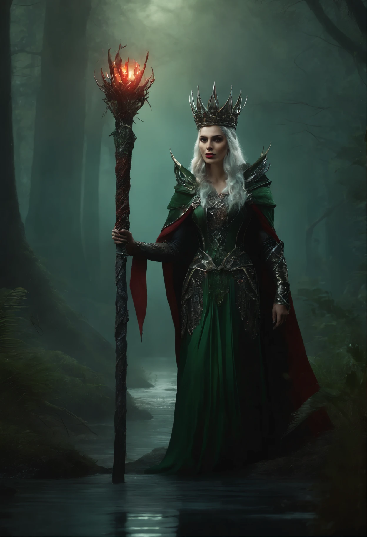 a lich-queen in crown with red glowing eyes walks through a swampy forest, holding a long massive staff with a green magic flame burning in the pommel, night, moon, bats, (Best Quality, 16K, Masterpiece, UHD:1.3, Huge detail, hyper realistic, epic scale, insane level of details)
