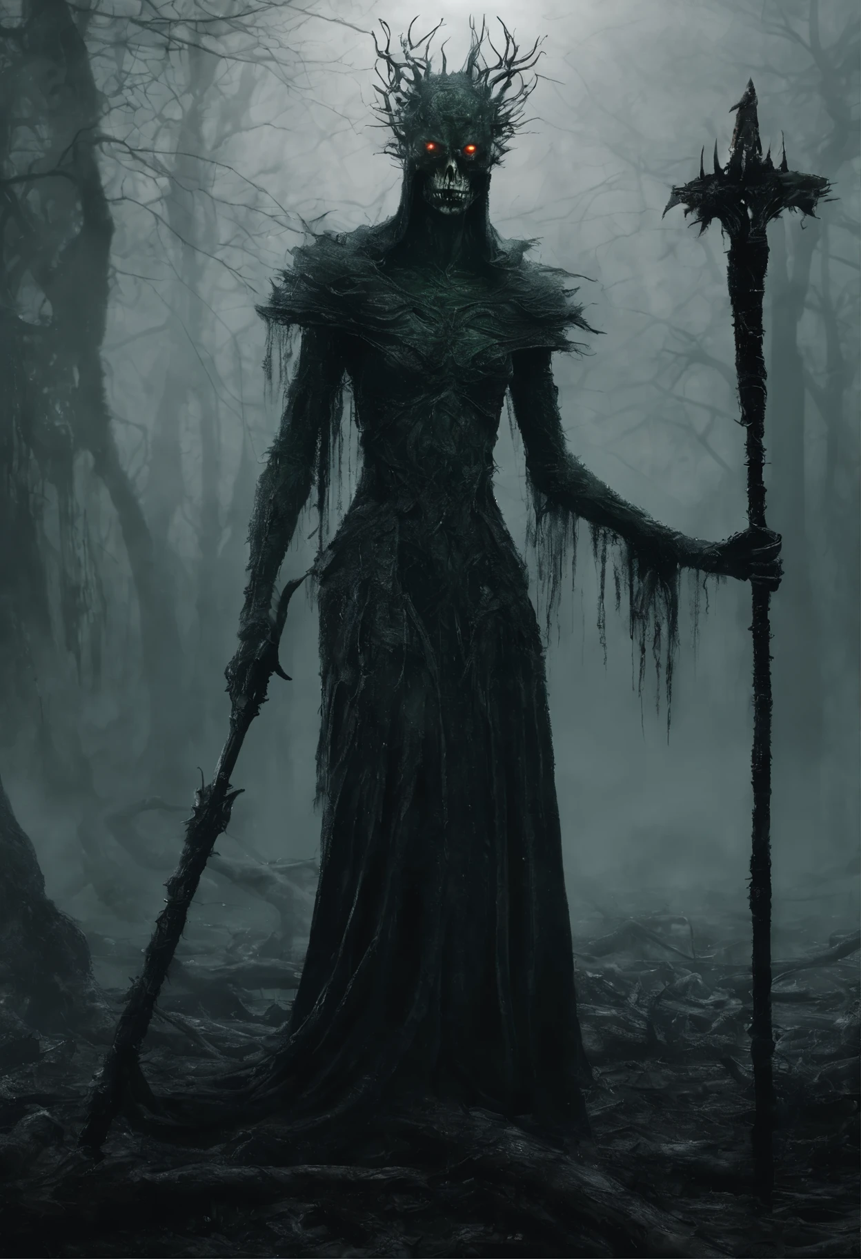 a lich-queen in crown with red glowing eyes walks through a swampy forest, holding a long massive staff with a (green magic flame burning in the tip), night, moon, bats, (Best Quality, 16K, Masterpiece, UHD:1.3, Huge detail, hyper realistic, epic scale, insane level of details)