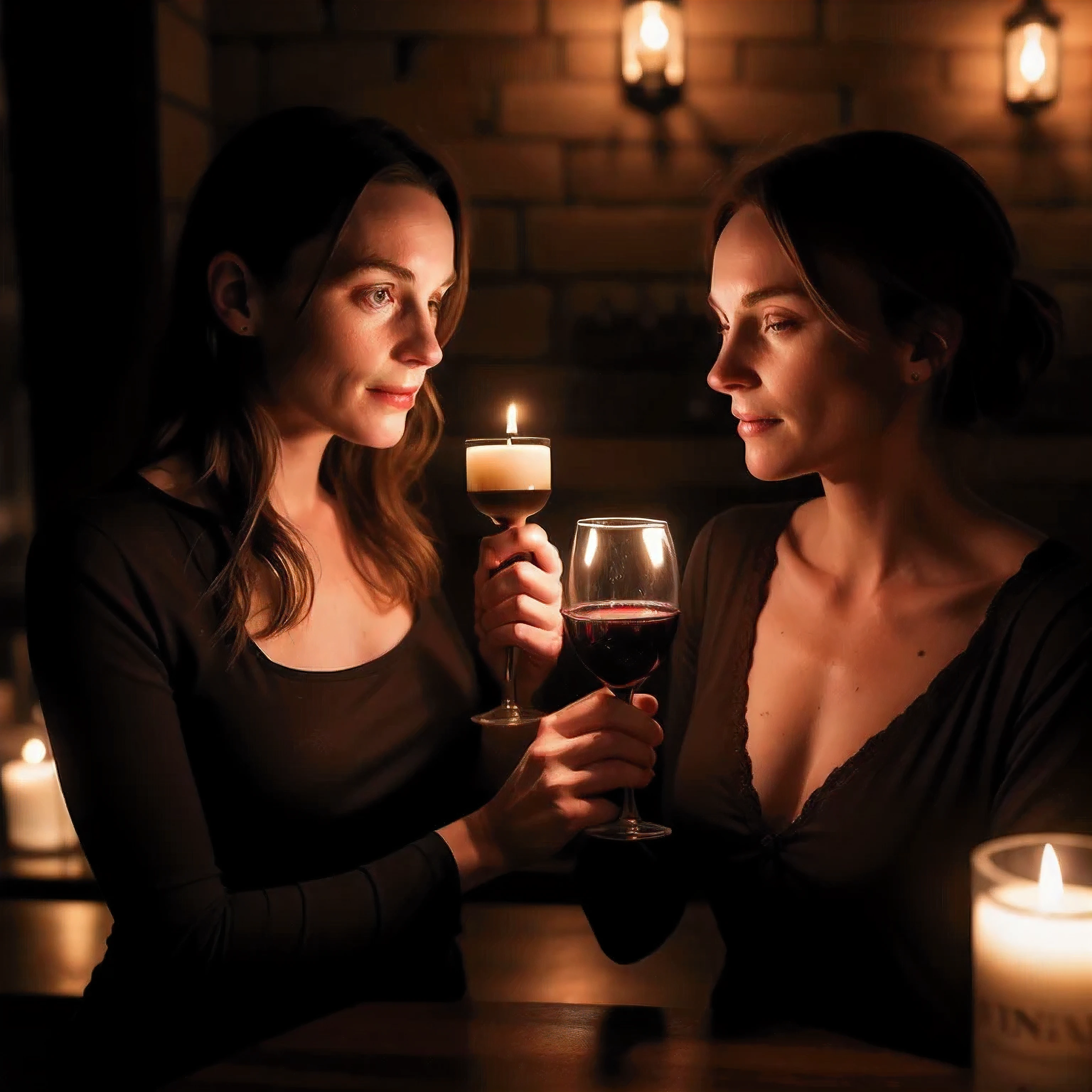 2 different girls drinking wine in a dark bar that looks very dark inside while having their clothes on. realistic candle light, candles, photorealistic 1.4, nice 1.4, at night, rembrand light