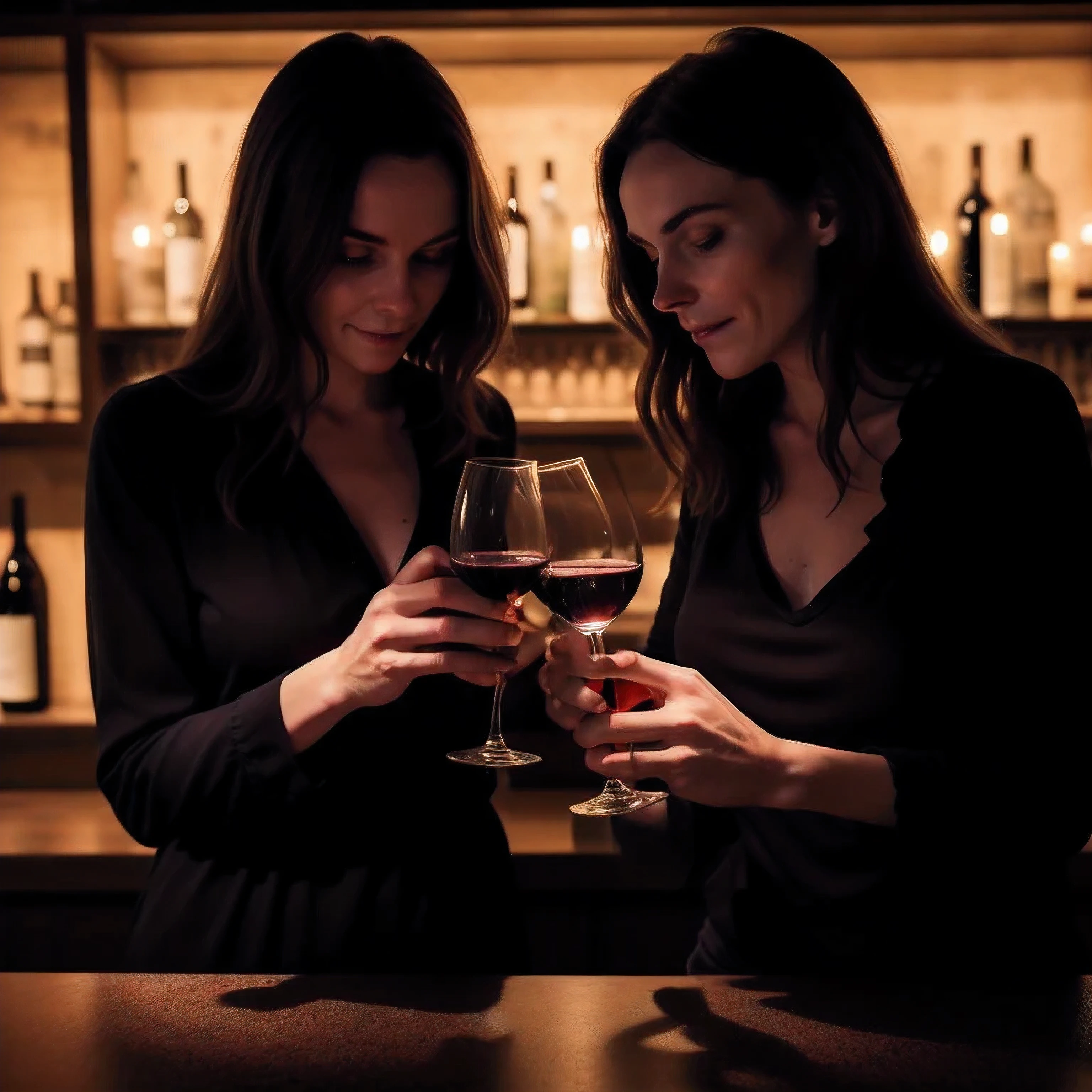 2 different girls drinking wine in a dark bar that looks very dark inside while having their clothes on. realistic candle light, candles, photorealistic 1.4, nice 1.4, at night, rembrand light