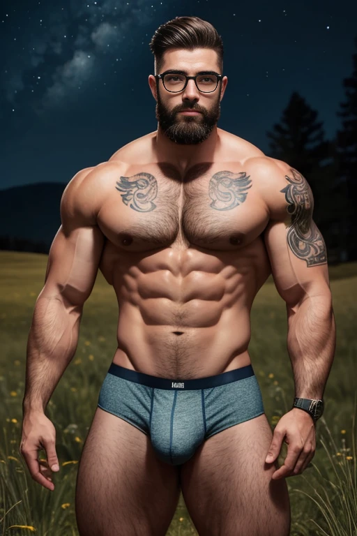 A handsome muscular man with no shirt on stands in a meadow at night. He has tattoos, a well-groomed beard and short hair. He is wearing glasses., detailed speedo, big underwear bulge