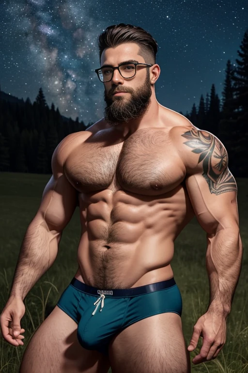 A handsome muscular man with no shirt on stands in a meadow at night. He has tattoos, a well-groomed beard and short hair. He is wearing glasses., detailed speedo, big underwear bulge