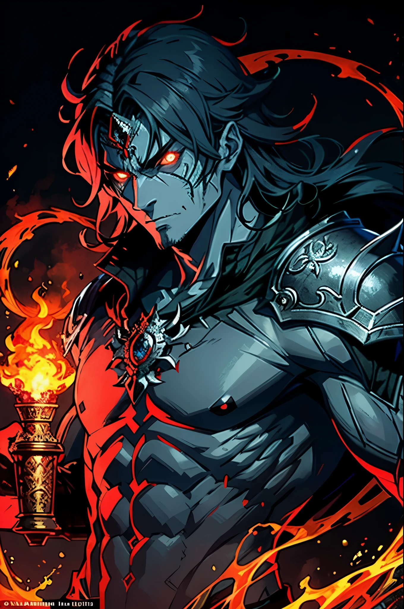 The ancient Demon King emerges from the realm of shadows, his weathered form an ethereal top-quality masterpiece that bears the traces of countless eons (1.5). His skin is covered in an intricately detailed, encrusted pattern (1.4), a testament to his ancient existence (1.2). Glowing red eyes (1.3) shimmer in the deep sockets of his time-worn face (1.4), their beauty tempered by the somber aura that seems to emanate from every pore (1.3). The Demon King's muscles ripple under his weathered exterior, a reminder of the immense power he once wield