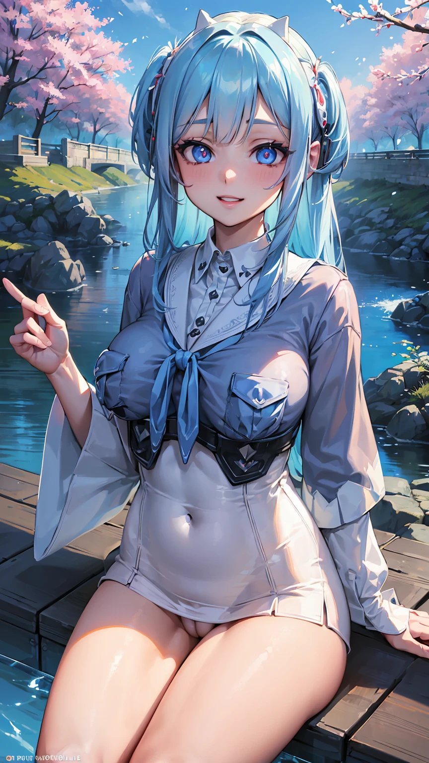 ((highly detailed)), nikke, shifty, perfect human hands, (great breast:1.1),masterpiece, best quality, ultra-detailed, glistening shiny, glowing light, ray tracing, HDR, deph of field, (perfect face, detailed face, detailed eyes,perfect hands,perfect fingeredium boobs:1.2),8k,HD,ultra realistic face,ray tracing,perfect lighting,best quality, ultra-detailed, shiny eyes, (looking at viewer, smiling:1.1), ((1girl:1.2)),cowboy shot,thicc,streaked_hair,((blue gradient hair)),multicolored eyes, gradient eyes, (glowing eyes:1.5), mascara, (fashion make up), (parted lips,blush,cameltoe,all fouriddle of japanese countryside,japanese bridge,over the bridge,night,river,cherry trees,dark blue sky),((super detailed background)), dynamic poses, ((8k wallpaper)), (mature female), (((sitting on the water)))
