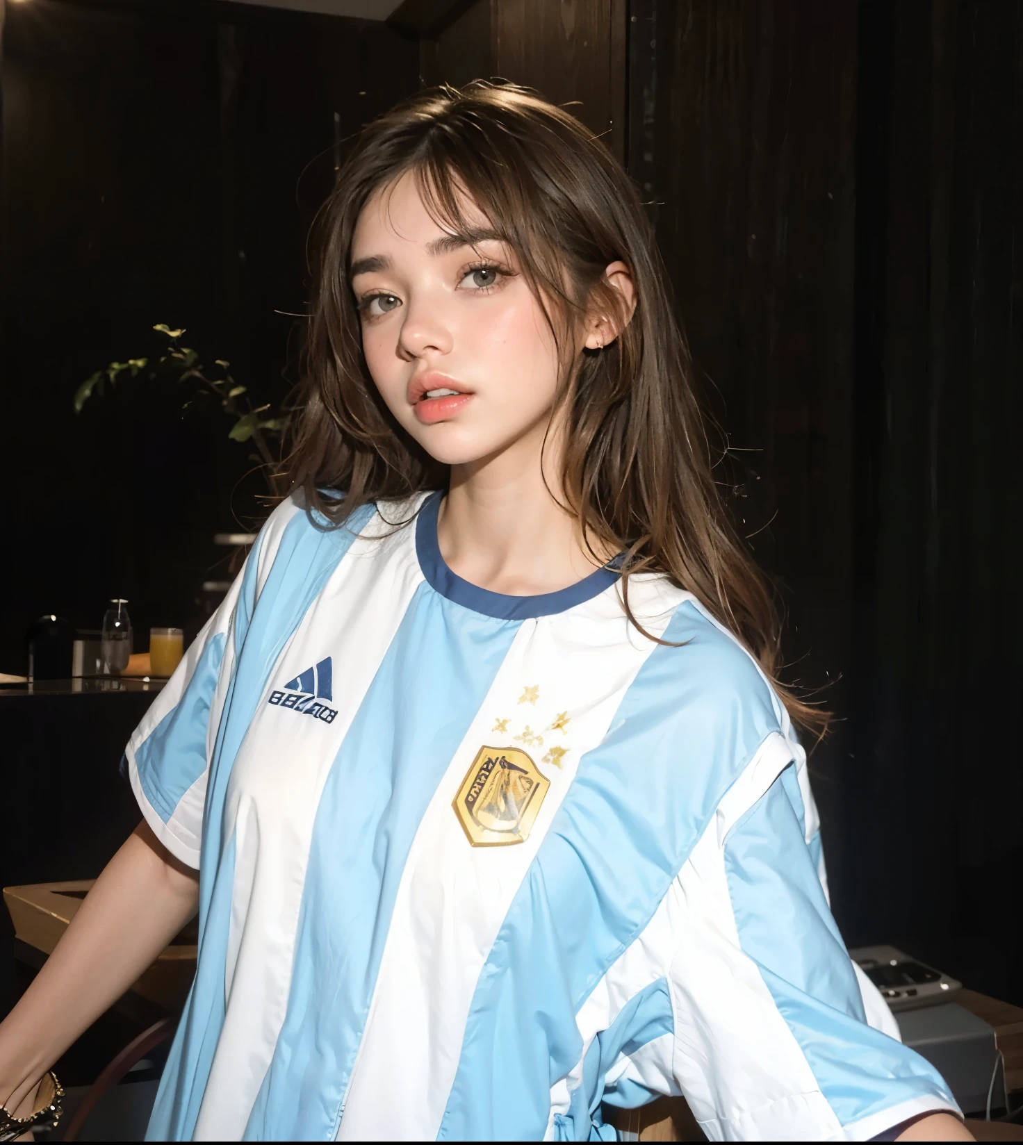 Mujer araffada con una camisa azul y blanca posando para una foto., Ana de Armas, Dua Lipa, by Amelia Peláez, isabela moner, Barbara Palvin, soft devil queen cerveza madison, Adriana Lima, hermosa dama, fernanda suarez, con flequillo completo, con flequillo, cerveza madison, hailee steinfeld