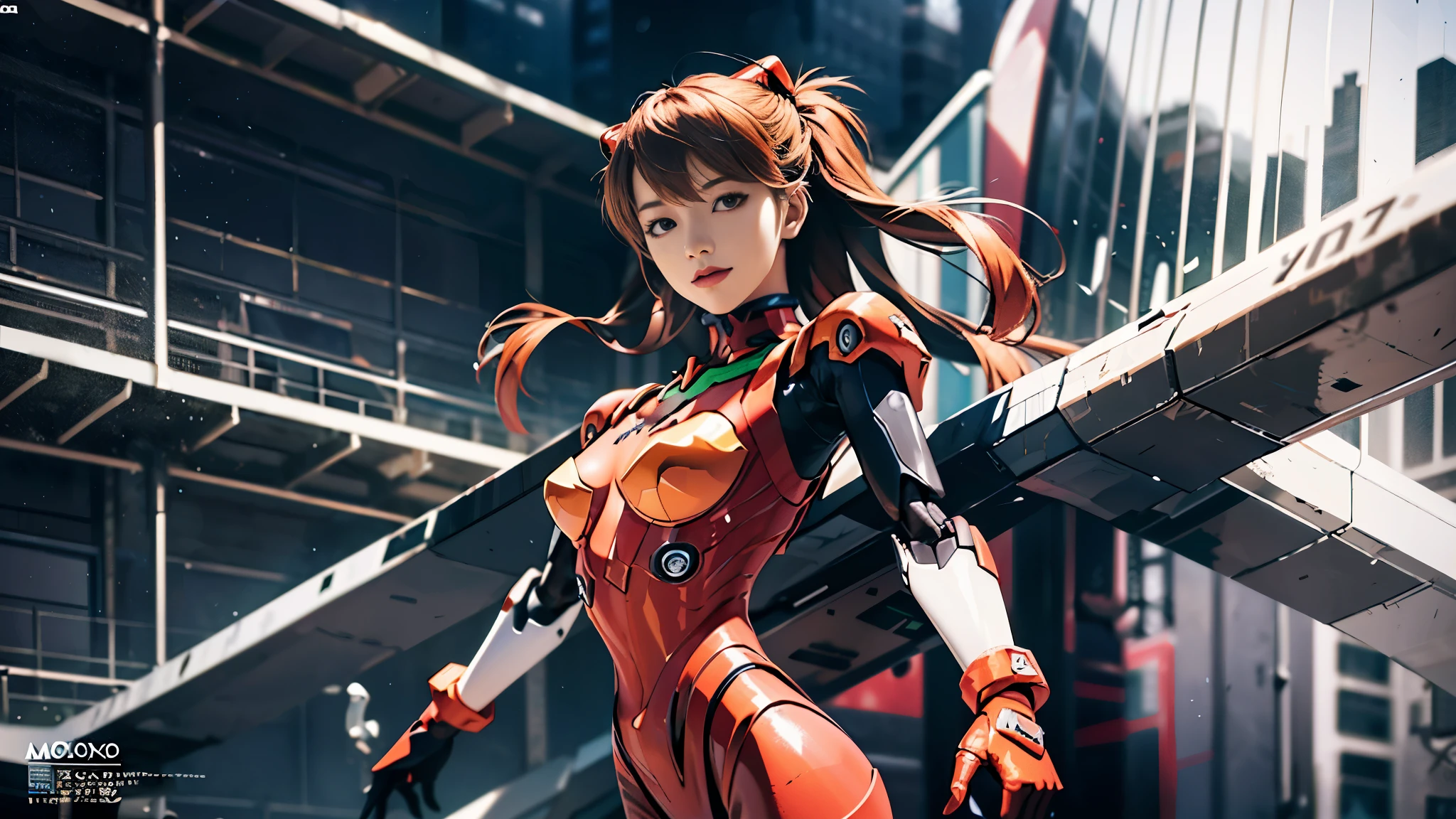 (magazine cover:1.3),ulzzang-6500, (realistic: 1.3) (original: 1.2), masterpiece, best quality, beautiful clean face, fullbody, ((robot girl, mecha)), broken armor, mechanical halo, mechanical arms, white hair, long hair, ceramic body, thigh gap, small breast, cyber background, extreme detailed city, EVA 02,Souryuu Asuka Lanley,明日香,(红色紧身衣, 红色乳胶,红色高跟鞋)(translucent body, reflection skin), 8k, best quality, ultra detailed, (hyperrealistic:1.4), wallpaper