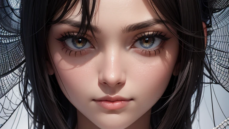 (best quality), (high detail), (1girl), (Close up), (headshot), (detailed spiders web),A close up of a beautiful woman looking through a spiders web, (web 1:1), (spiders), (Black an White), (arachnid),HDR, 4K, 3D.