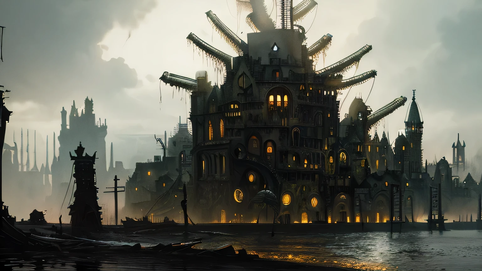 Hopeless biopunk art with tentacles, ((dark tentacle biopunk horror art)), (medieval city on the water), ruined medieval french town, gloomy medieval city in steampunk style, Dark lighting, black liquids, very detailed art, very detailed background, Background Zdzislawa Beksinski