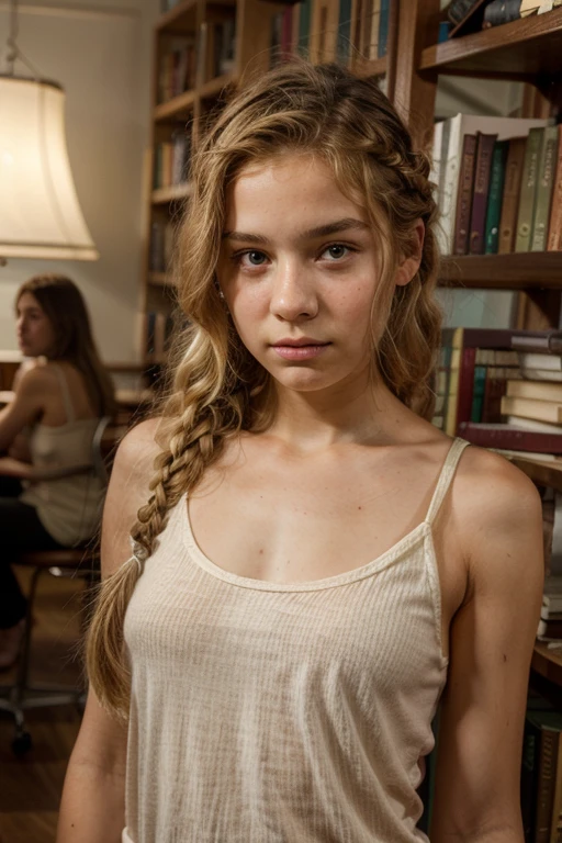 a ar old l with blonde braided hair, in a library, selfie, portrait, looks very scared. Lowcut tanktop