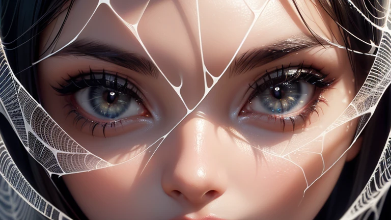 (best quality), (high detail), (1girl), (Close up), (headshot), (detailed spiders web),A close up of a beautiful woman looking through a spiders web, (web 1:1), (spiders), (Black an White), (arachnid),HDR, 4K, 3D.