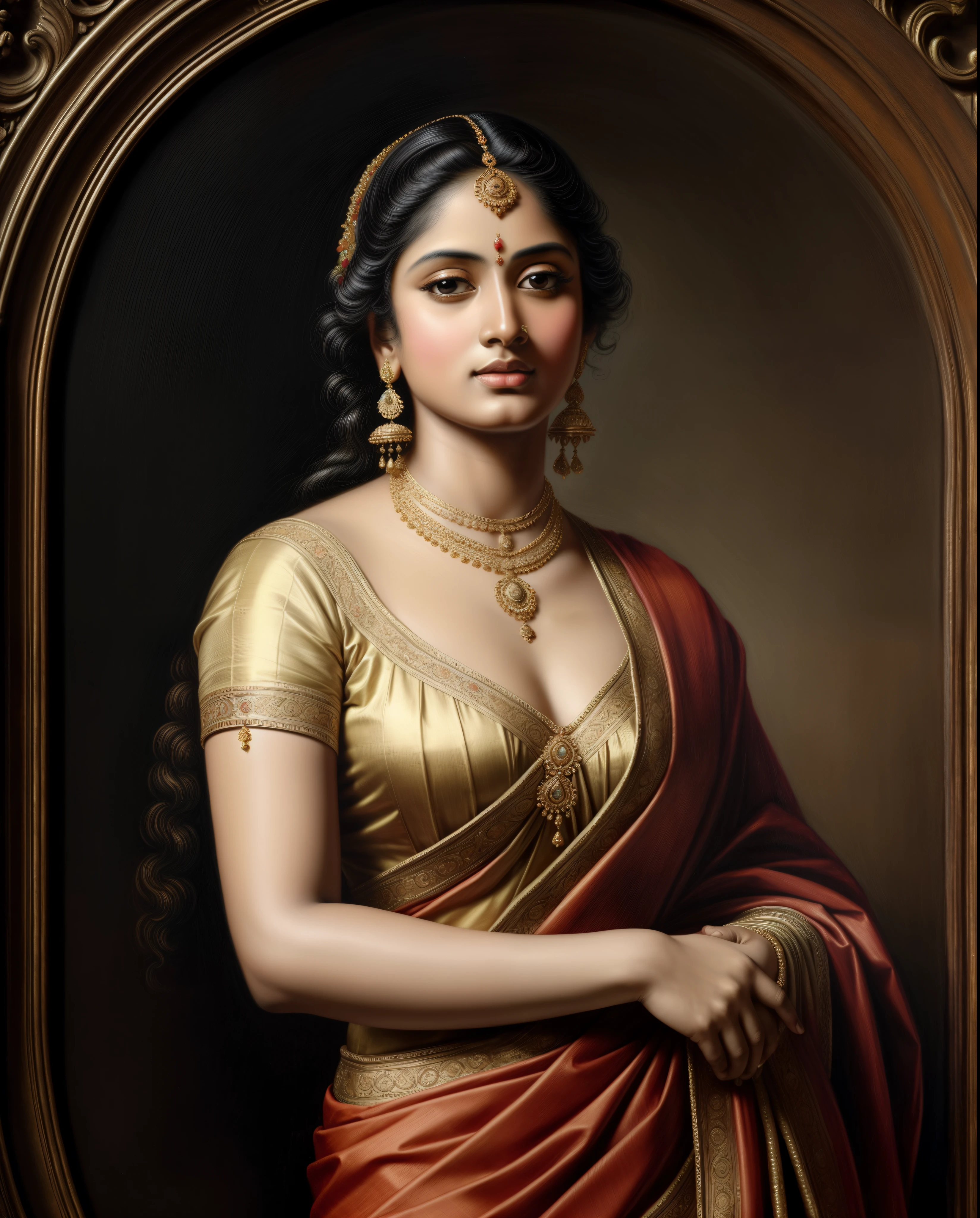 Beautiful Indian Woman, wearing saree, sari Beauty, gorgeous, Apsara, looks like Aparna Dixit, Maharani, royal queen woman, nymph from Hindu Mythology, Urvashi, matchless beauty, Highly detailed, Oil Painting by Peter Paul Rubens inspired by Raja Ravi Varma, Matchless beauty, captivating, gorgeous, heavenly beauty, celestial beauty, by Peter Paul Rubens, 1893, realistic, hyper realistic, micro details, incredible artwork, insane details, ultra High resolution, 8k, 32k,  acrylic on canvas, intricate, flawless, detailed, detailed face, detailed eyes, masterpiece, by Peter Paul Rubens, by Caravaggio, by William Adolphe bouguereau, perfect face, perfect body, beautiful art, realism, baroque, renaissance Art, highly textured, beautiful and detailed eyes, uhd, best quality,