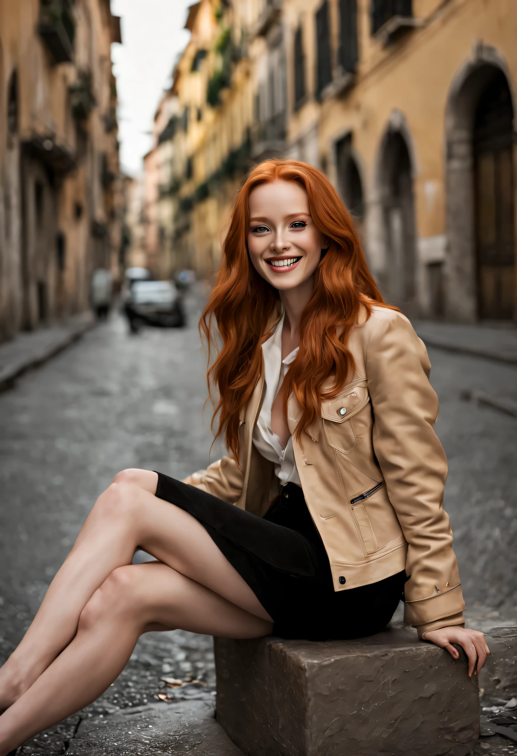 k, RAW photography of Madelaine Petsch, winter beige jacket with fur and black jeans, full body shot, long ginger hair, eating pizza on the streets of Naples, Napoli (Italy), the dominant colors are brown, white, and black, with the accent color being a deep brown, minimalistic light room, fit legs, enjoying, girls, summer, hot girls, (((very heavy bust))), ginger hair, long_hair, symmetrical face, pale skin, light freckles, photorealistic, photography, gorgeous, cleavage, western, (masterpice), best quality, high resolution, spectacular lighting, extremely detailed, skin with pores, depth of field, real light, smiling, model body, beautiful model body, smiling, enthusiased