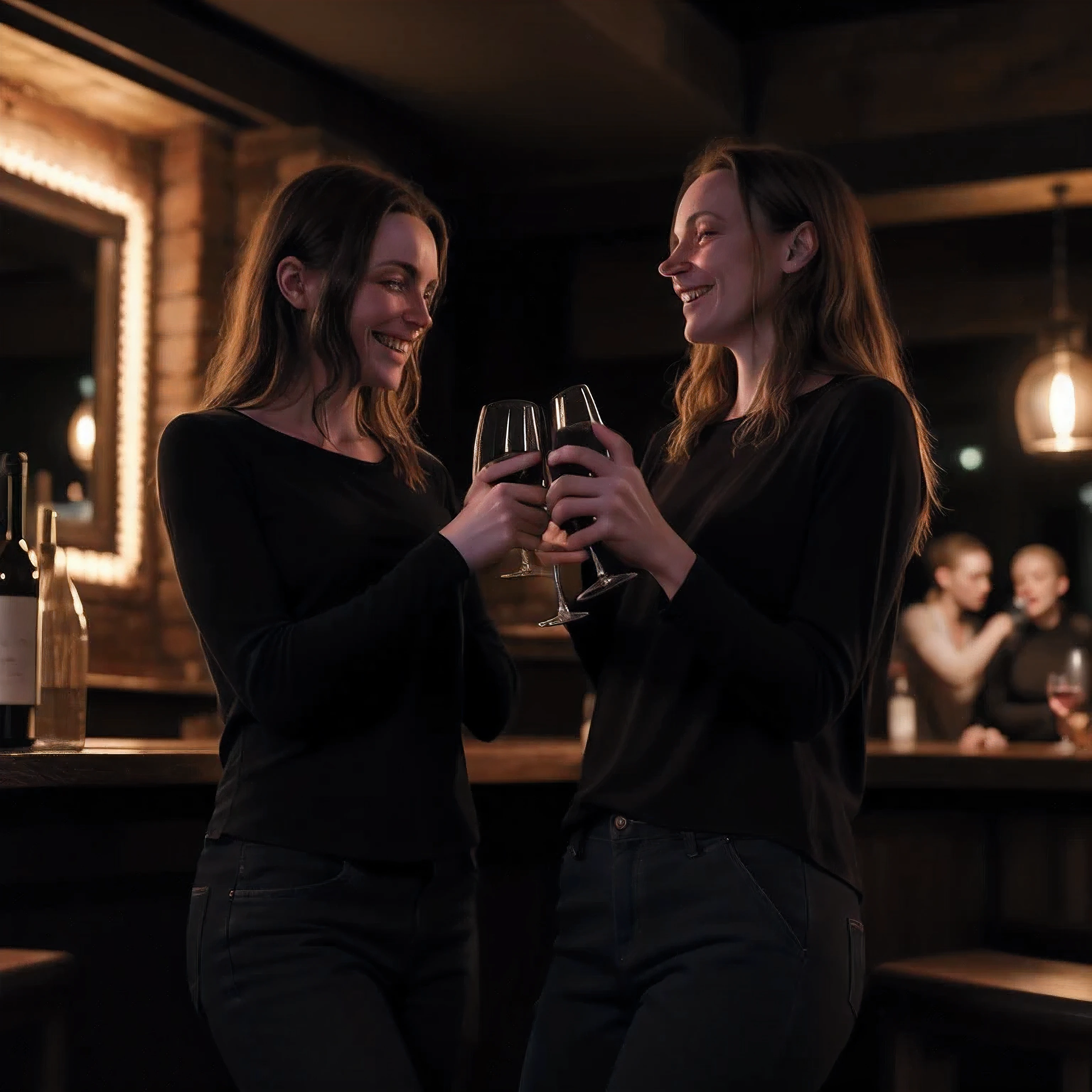 2 different girls drinking wine in a dark bar that looks very dark inside while having their clothes on, men are dancing in the background, aperture f/2.8, photorealistic 1.4, nice 1.4, at night, rembrand light