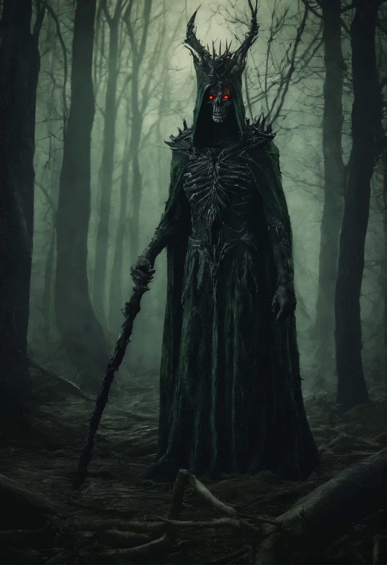 a lich-queen in crown with red glowing eyes walks through a swampy forest, holding a long massive staff, (((green magic flame burning in the tip of the staff))), night, moon, bats, (Best Quality, 16K, Masterpiece, UHD:1.3, Huge detail, hyper realistic, epic scale, insane level of details)