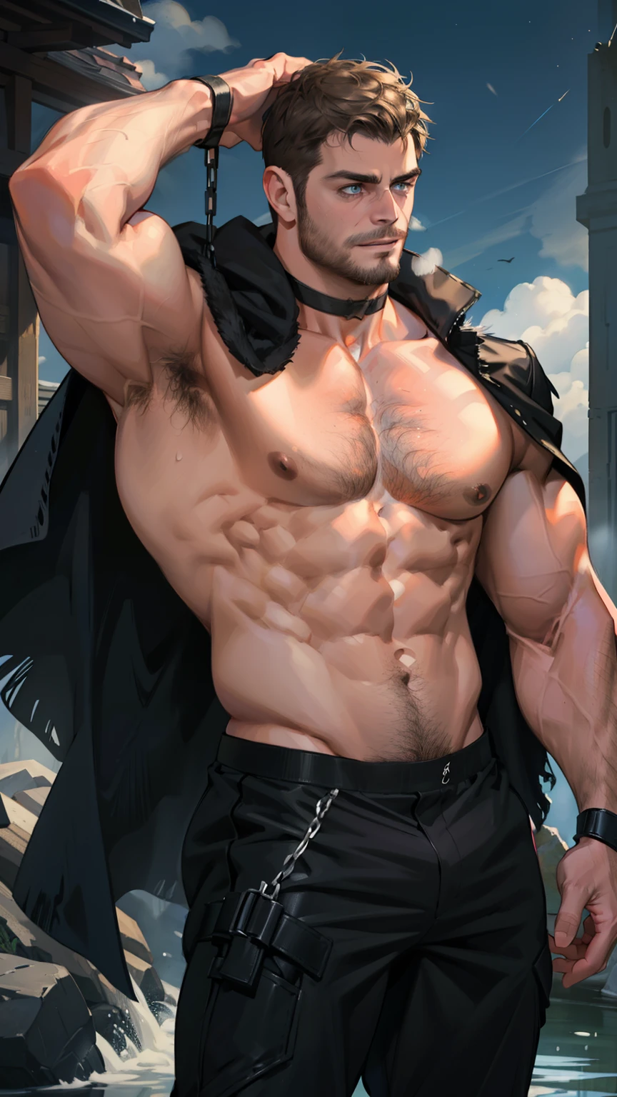 Highest quality, masterpiece, male, black super short hair, blue eyes, armor, cape, brightly colored, bright picture, paladin, muscular, short beard, mature, glowing particle special effects, church, national character face, tall, strong, rough face, falling feathers,Cup, messy short light brown hair, realistic photography, handsome, Masculine, muscular, pretentious smile, small stubble, outdoors, romantic and gloomy atmosphere, water mountain, complex luxury scary background, small smile, pretentious smile, friendly face, rough, 30s, young, extremely hairy chest, alpha, messy short light brown hair, cinematic shot, diffused light, chains, handcuffs, intricate details, athletic muscular physique, cleavage, extremely hairy chest, vintage aesthetic, mysterious aura, night, artwork, bright room, posing, barbarian king, hairy armpit, wearing open baptist shirt, a little fat, big bulge in sports pants, legs open, posing, choker, clear image, (detailed face)