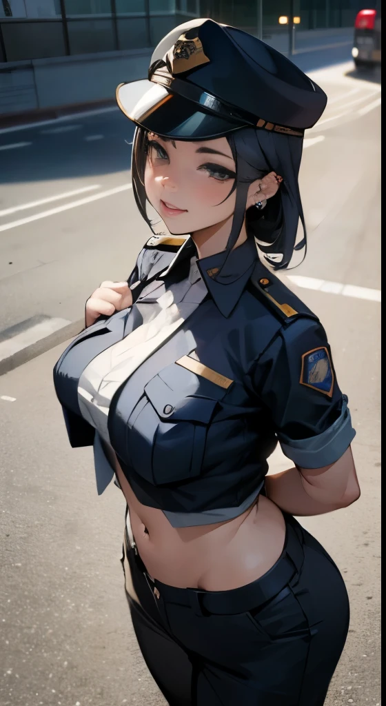 エマという名前のsexyな警察の***, standing on the street, Wearing a police uniform, sexy police girl on road, sexy, beautiful girl, cute face, beautiful face, wearing American police uniform, big breasts, realistic, photorealistc, high quality, 4K, detailed face, ultra realistic, high quality: 1.9, fine eyes, stylish pose, sexy pose, photograph, photograph撮影, ((navel piercing))