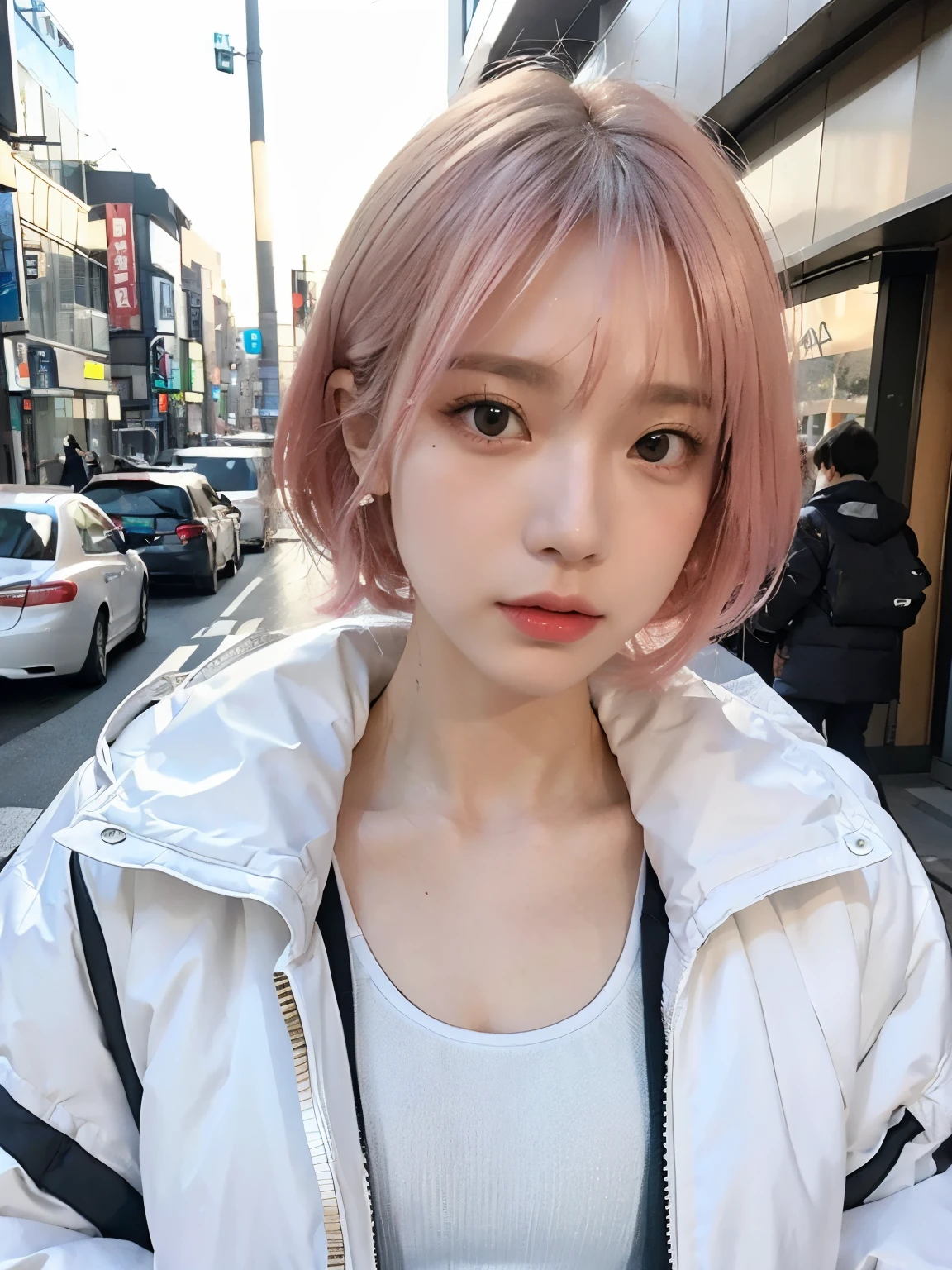 (((wearing white long Down jacket ))), ((wearing neoncolor leotard)),// Bewitching eyes, well-balanced eyes, //street snap // ((facing viewer)), //at the street in tokyo, //japanese lady, pale skin, //droopy eyes,//short pink hair, //((standing)), high quality:1.3, Professional lighting:2.0 realistic:1.2, 4k resolution, detailed skin, masterpiece:1.1