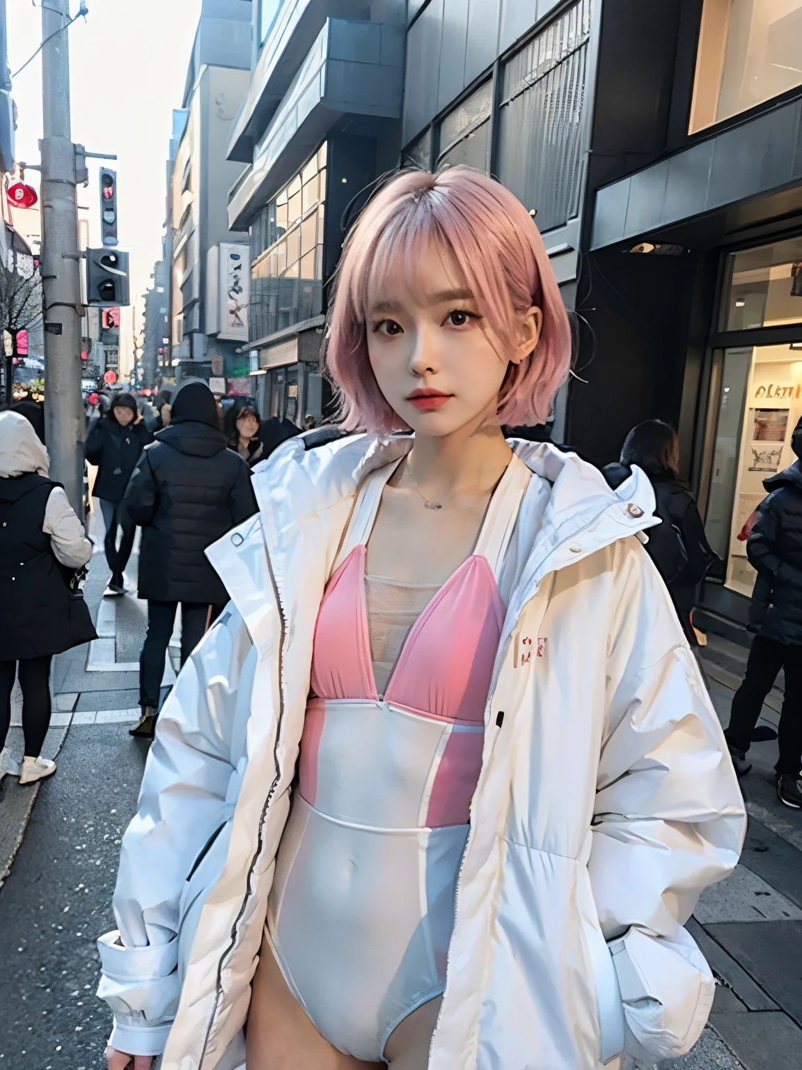 (((wearing white long Down jacket ))), ((wearing neoncolor leotard)),// Bewitching eyes, well-balanced eyes, //street snap // ((facing viewer)), //at the street in tokyo, //japanese lady, pale skin, //droopy eyes,//short pink hair, //((standing)), high quality:1.3, Professional lighting:2.0 realistic:1.2, 4k resolution, detailed skin, masterpiece:1.1
