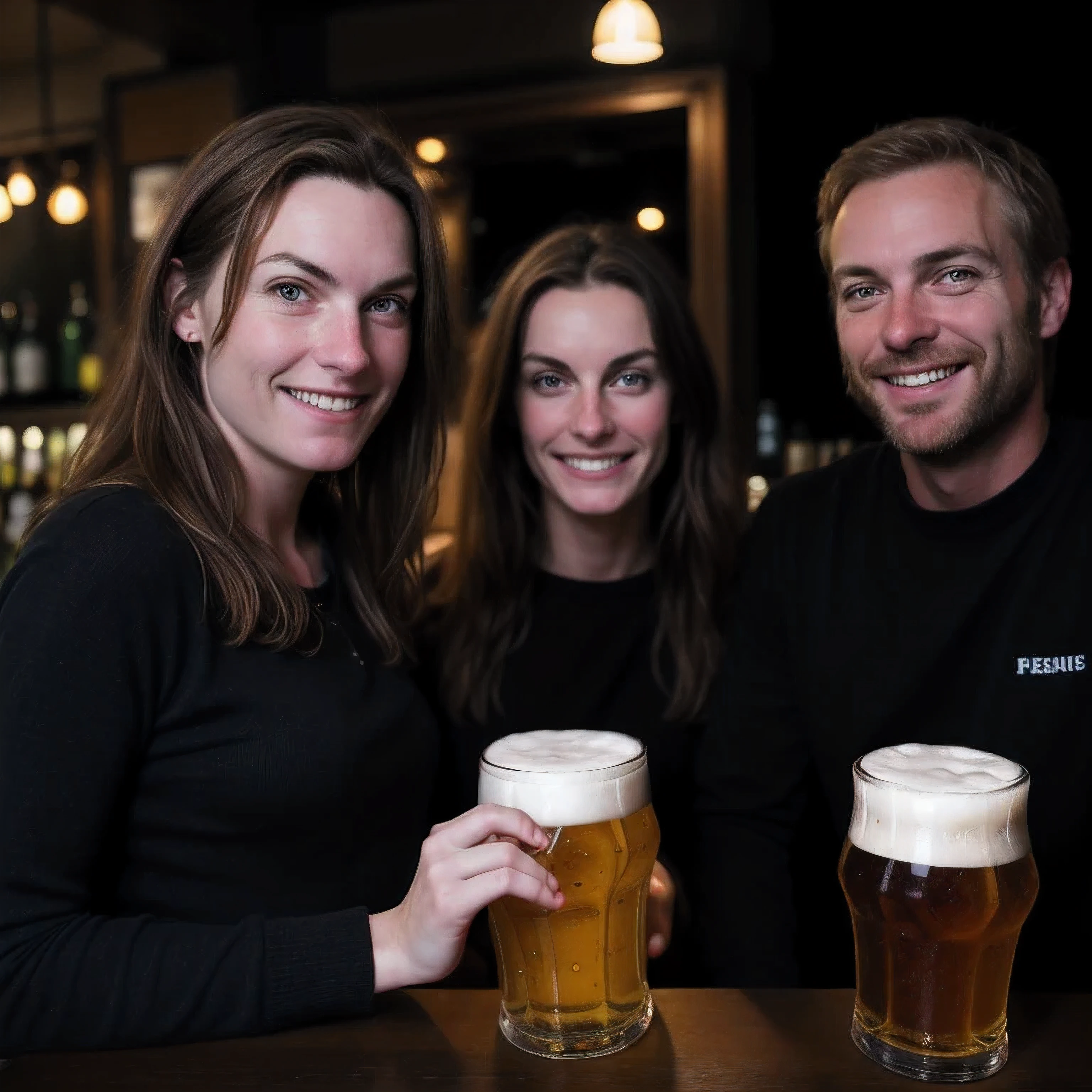 2 men with beer in their hands and 2 different girls in the background in a dark bar that looks very dark inside while having their clothes on, aperture f/2.8, photorealistic 1.4, nice 1.4, at night, rembrand light