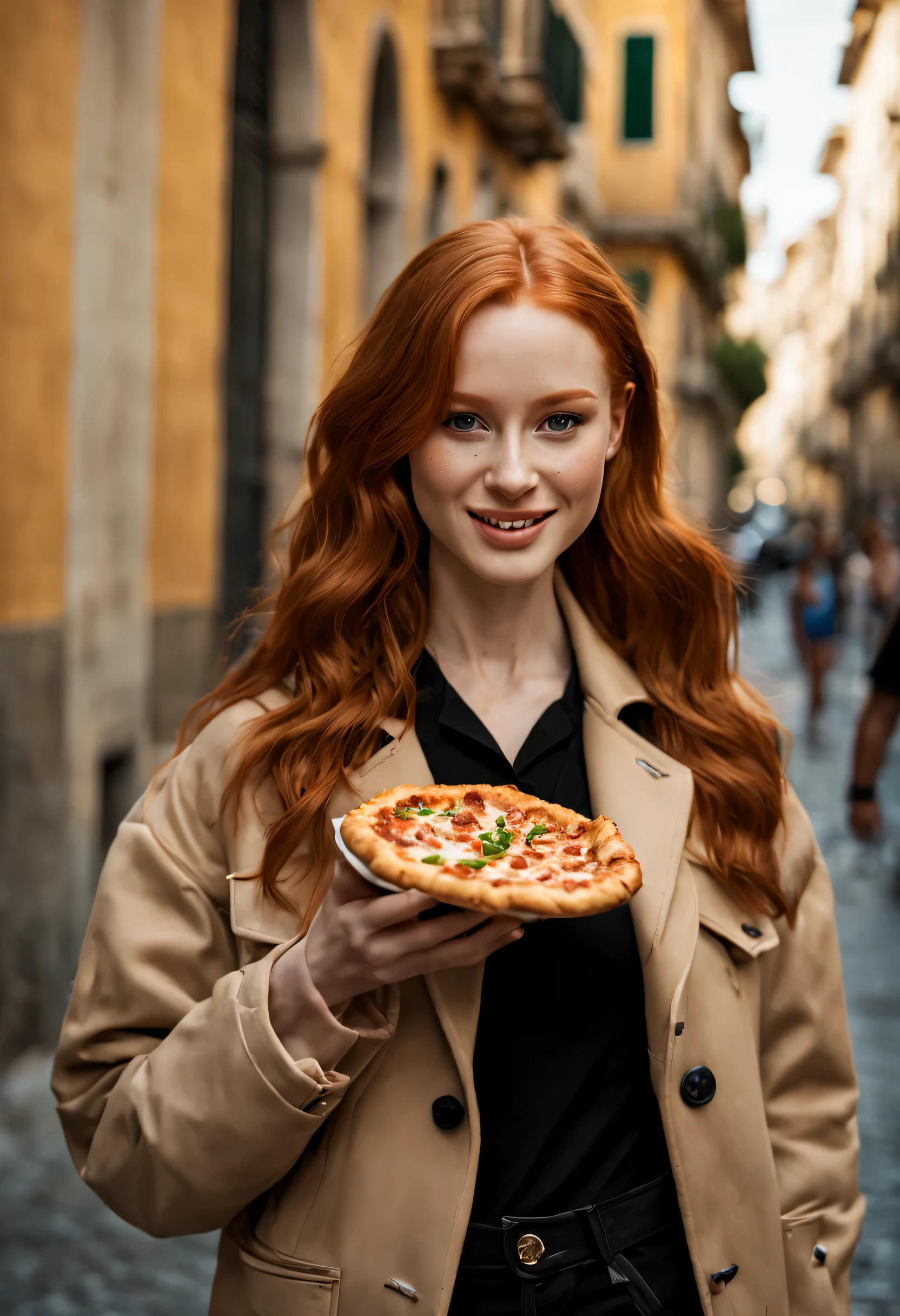 8k, RAW photography of Madelaine Petsch, winter beige jacket with fur and black jeans, full body shot, long ginger hair, eating pizza on the streets of Naples, Napoli (Italy), the dominant colors are brown, white, and black, with the accent color being a deep brown, minimalistic light room, fit legs, enjoying, girls, summer, hot girls, (((very heavy bust))), ginger hair, long_hair, symmetrical face, pale skin, light freckles, photorealistic, photography, gorgeous, cleavage, western, (masterpice), best quality, high resolution, spectacular lighting, extremely detailed, skin with pores, depth of field, real light, smiling, model body, beautiful model body, smiling, enthusiased