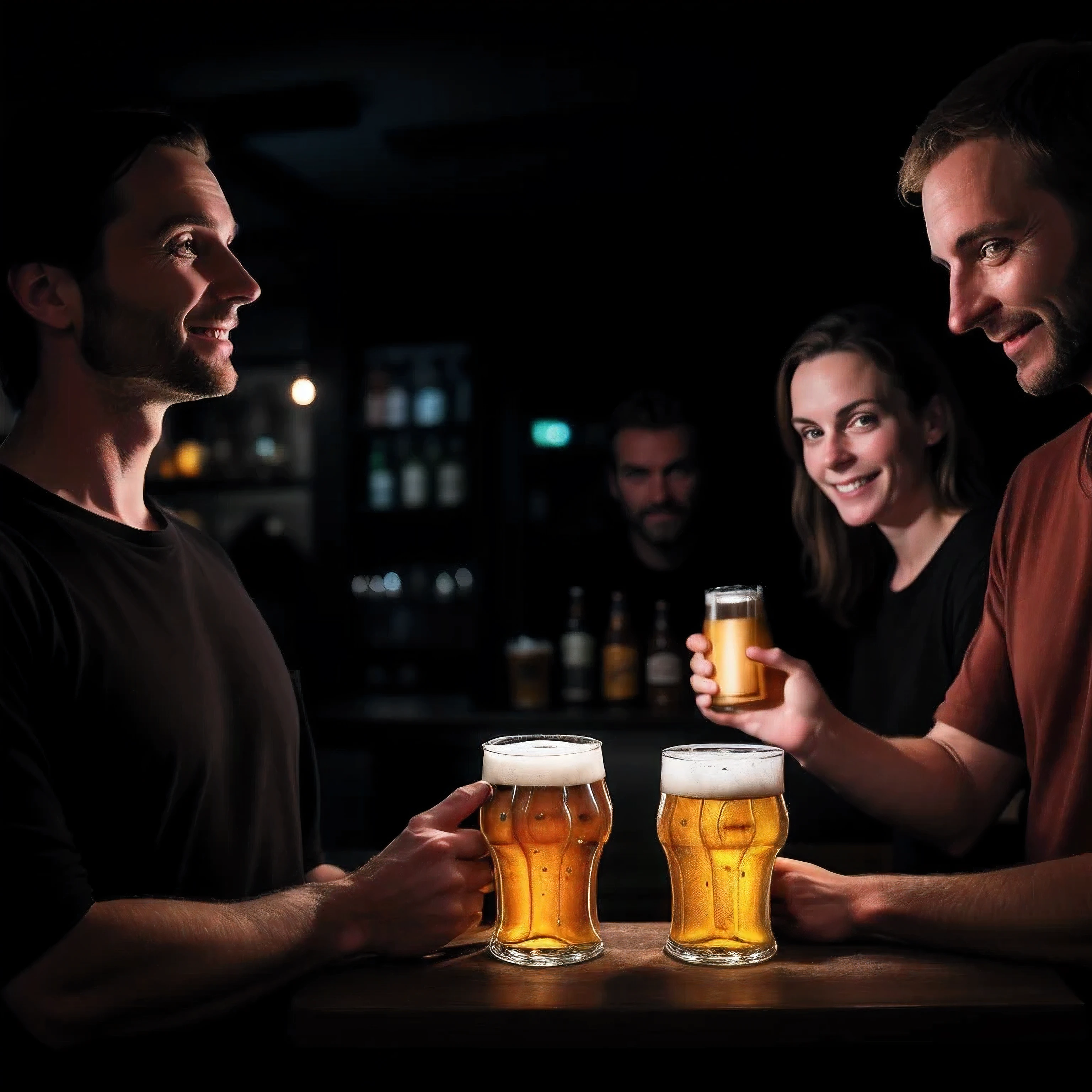 2 men with beer in their hands and 2 different girls in the background in a dark bar that looks very dark inside while having their clothes on, aperture f/2.8, photorealistic 1.4, nice 1.4, at night, rembrand light