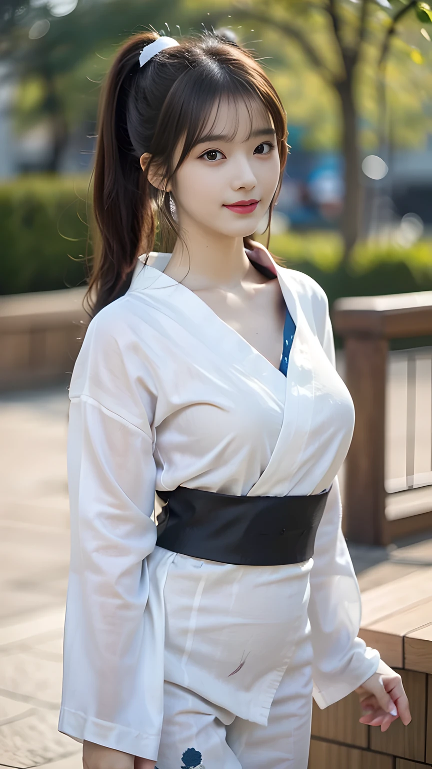 master piece, best quality, ultra detailed, photorealistic, voluptuous, 1 young girl, fair skin, pale skin, long hair, black hair, smile, tareme, mega breasts, gorgeous bluck kimono, cowboy shot, looking up, white background