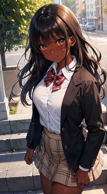 ((desktop, best quality, high quality, artwork, high resolution, nffsw, pixel perfect, perfect, absurd graphic, 8K HD, nffsw, nffsw))), 1 dark-skinned woman, single, alone, beauty、full body seen 、 ((medium wavy hair, bangs, bright brown skin, black hair, dark skin)), ((brown eyes, beautiful eyelashes, olive skin, realistic eyes)), ((detailed face, blush: 1,2)), ((soft texture: 0.75, realistic texture: 0.65, photorealistic: 1.1, CG anime style)), medium breasts, dynamic angle, perfect body, ((red bow tie, school uniform, black jacket, jacket open, brown cardigan, white shirt, black skirt, plaid skirts)), City staircase、Looking up the stairs from below、Very embarrassing panic smile, I turned around、leaning forward、(The wind blew my skirt and exposed my ass. ........ . .. .. ... ..、Touch the buttocks with both hands、White panties)、