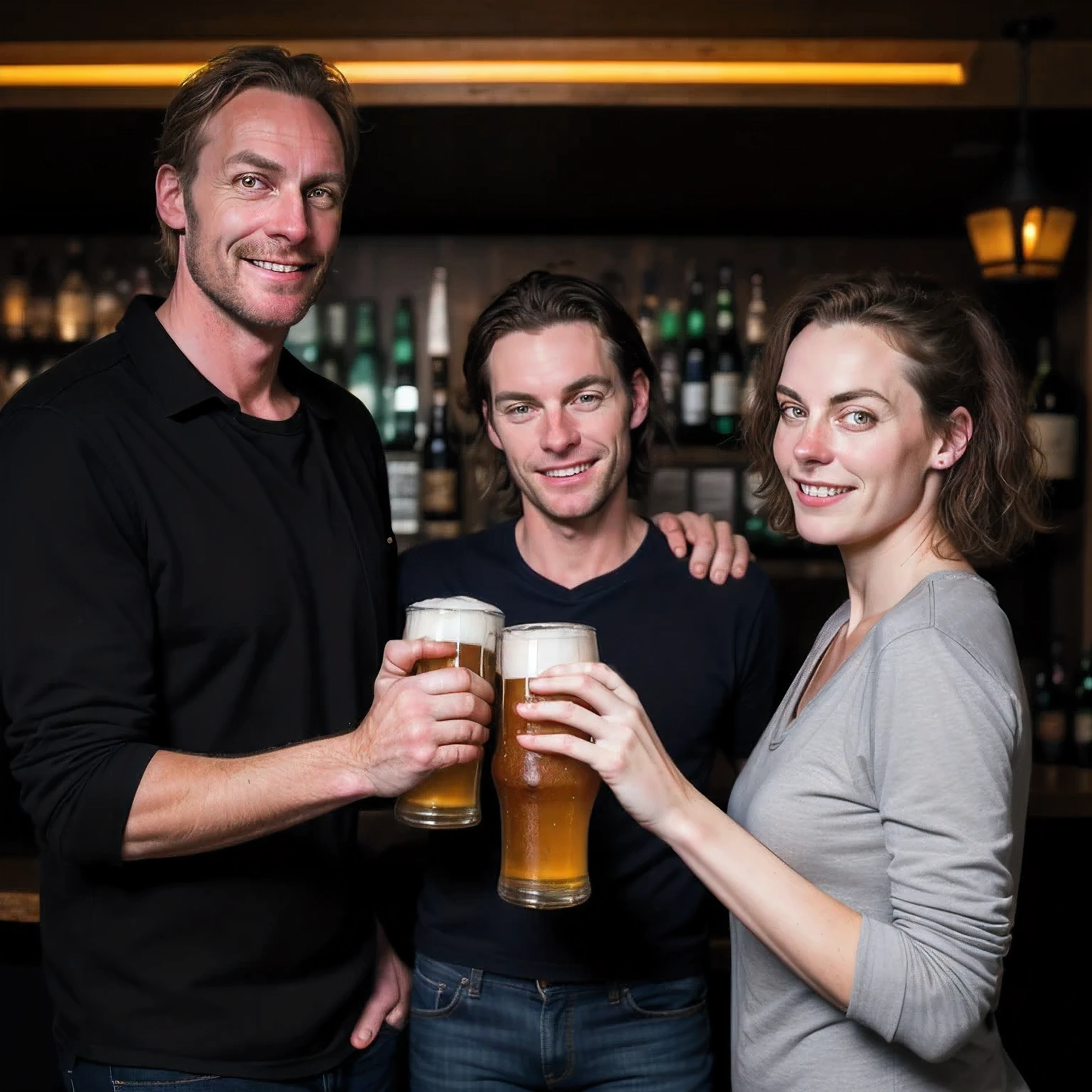 2 men with beer in their hands and 2 different girls in the background in a dark bar that looks very dark inside while having their clothes on, aperture f/2.8, photorealistic 1.4, nice 1.4, at night, rembrand light