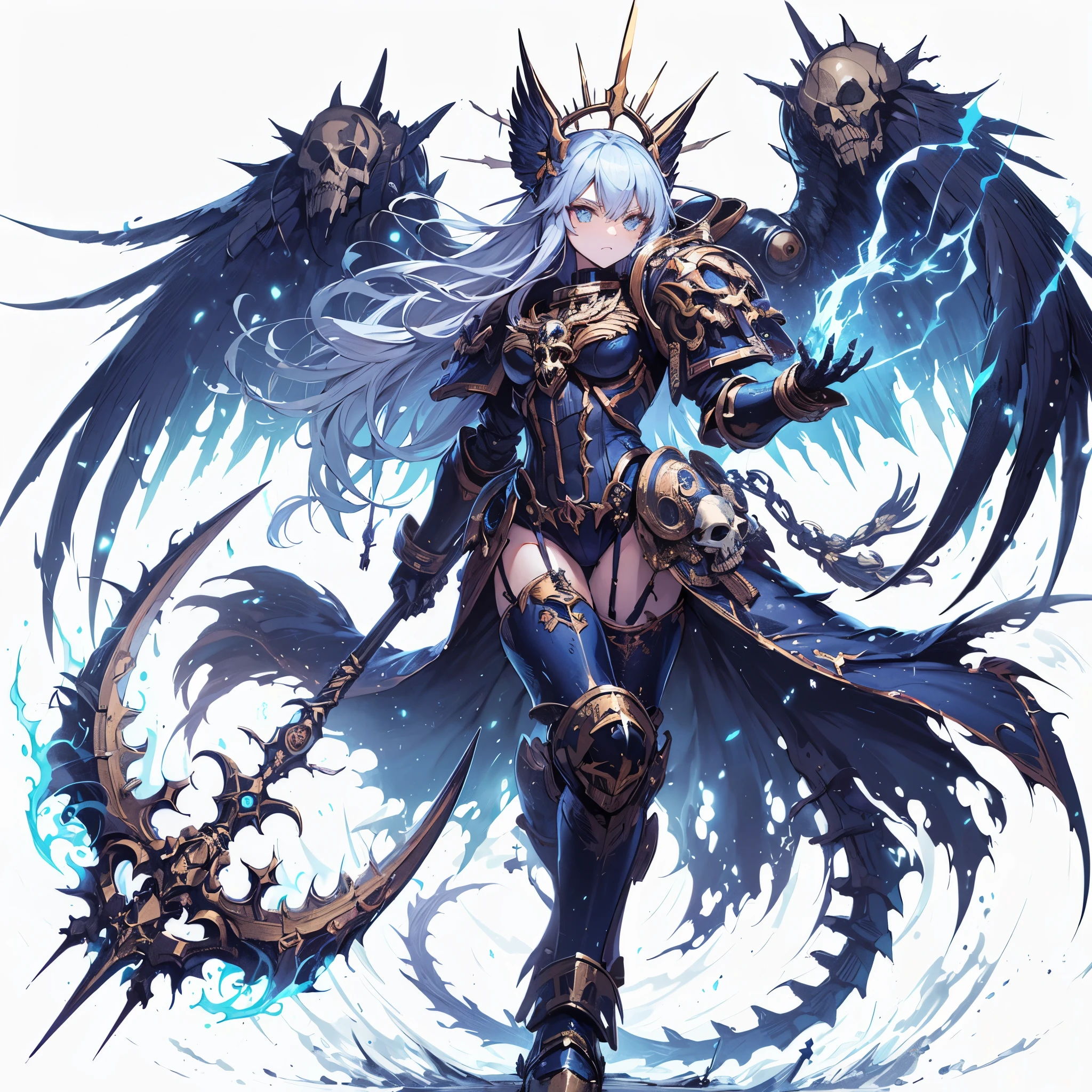 Masterpiece, best quality, ultra-detailed, anime style, full body of Chaos Demon girl, midnight blue and brass power armor, bone motif, held huge glaive, clawed and tailed, supernatural Lightning and flame, ((winged skull symbol)), warhammer 40K, 8k high resolution, trending art station, white background, whole body, standing in storm Night.
