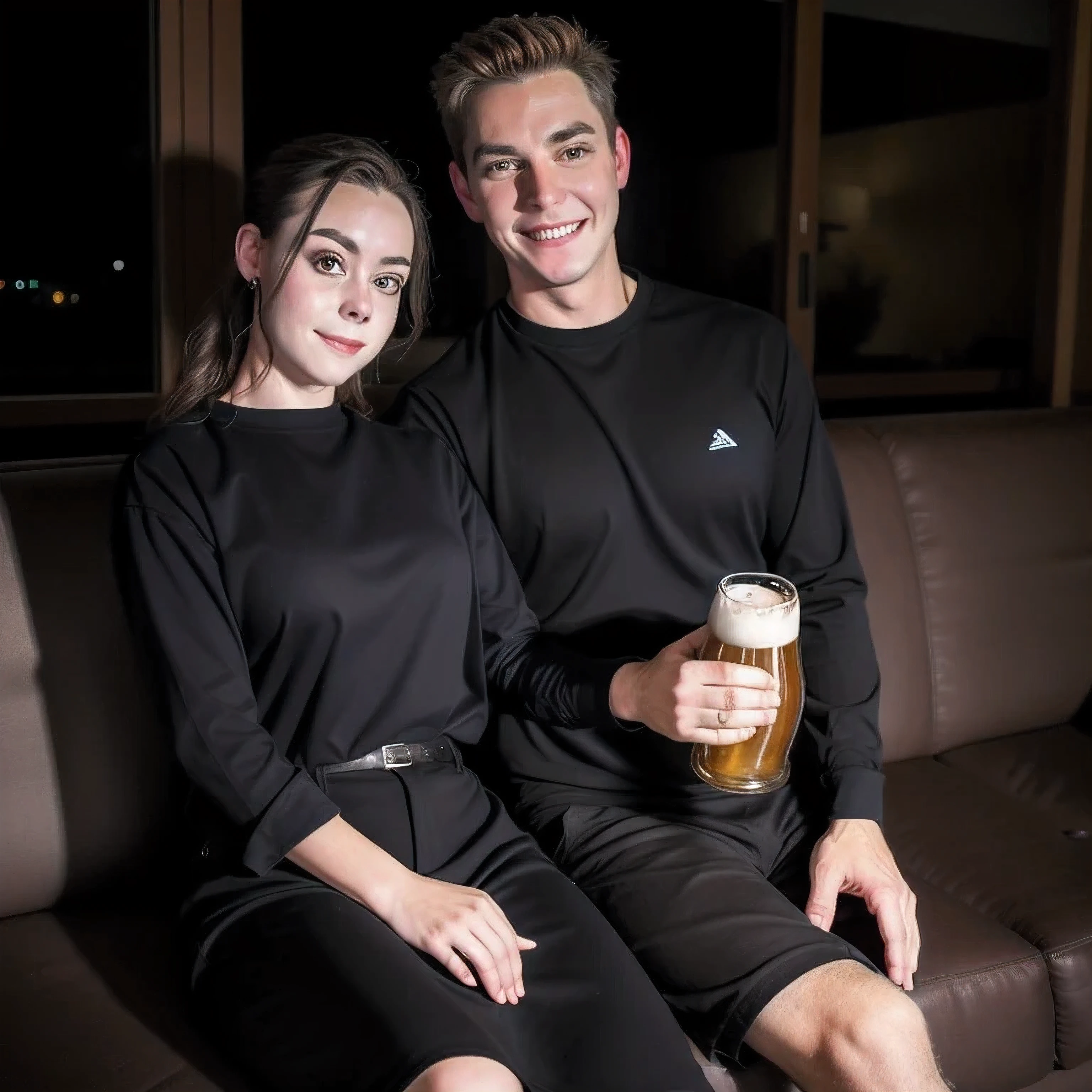 2 men with beer in their hands and 2 different girls in the background in a dark villa with beautiful couches that looks very dark inside while having their clothes on, aperture f/2.8, photorealistic 1.4, nice 1.4, at night, rembrand light