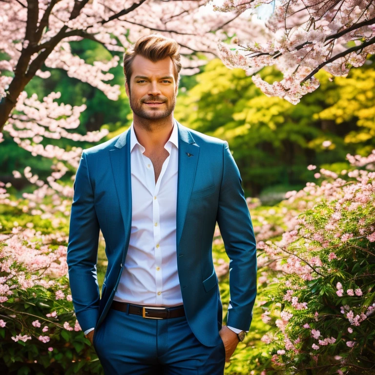 (best quality, vivid colors:1.2), Kivanç Tatlitug, hazel-eyed actor, handsome, with charming smile, in a vibrant garden, under the golden sunlight, wearing a stylish suit, leaning against a blooming cherry blossom tree, with gentle breeze blowing his hair, surrounded by colorful butterflies, exuding confidence and charisma. (photorealistic:1.37), (portrait, outdoors), (lush greenery, blossoming flowers), (warm and inviting color palette), (soft and natural lighting)