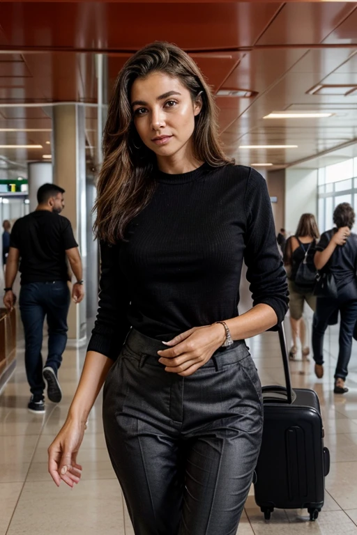 agora quero 5 imagens dela no aeroporto e com pessoas passando ao redor, a roupa dela deve ser preta e executiva, in pants, how is she a businesswoman, deve passar essa imagem